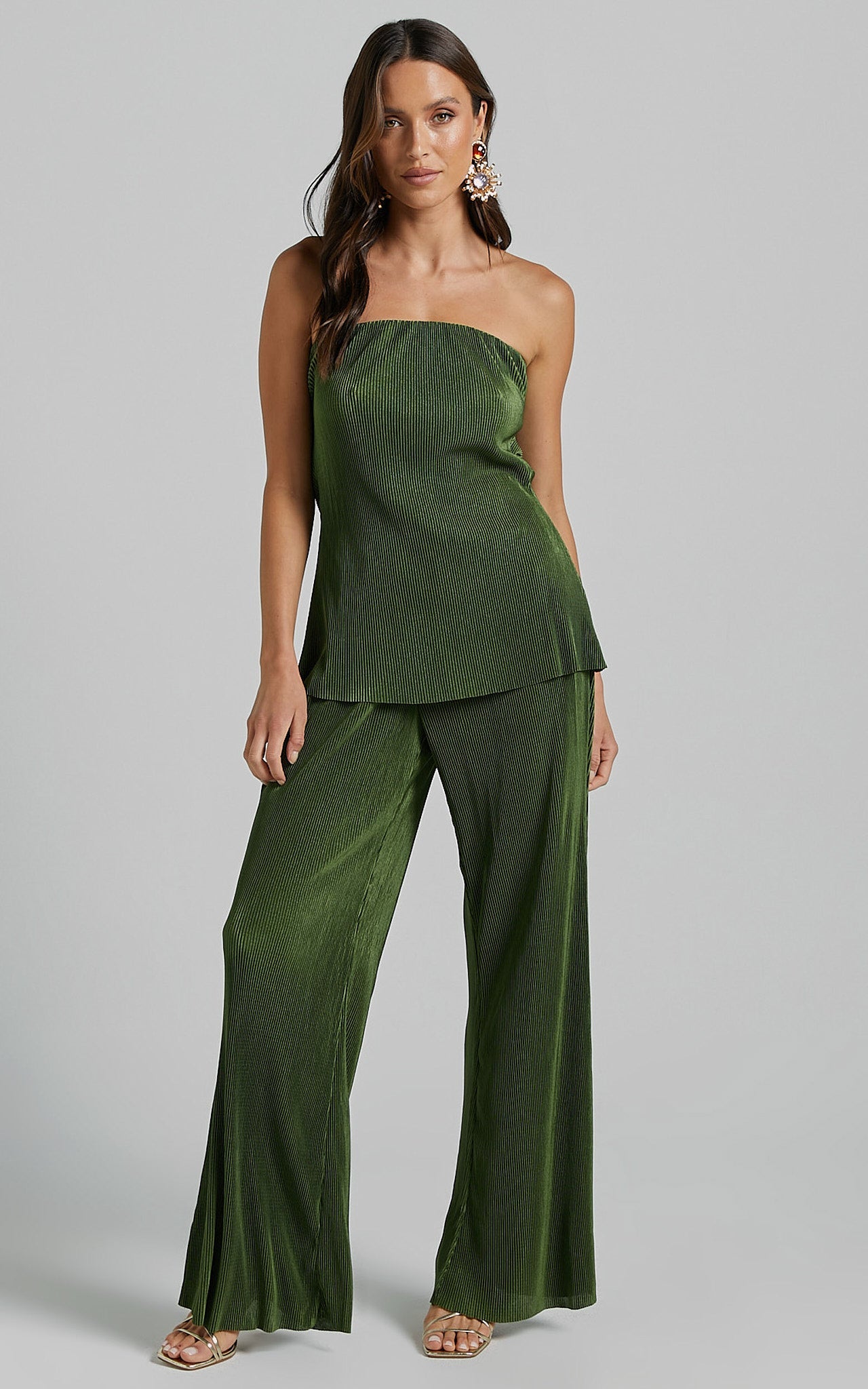Ceryn Two Piece Set - Pleated Strapless Cowl Back Top and Pants in Green