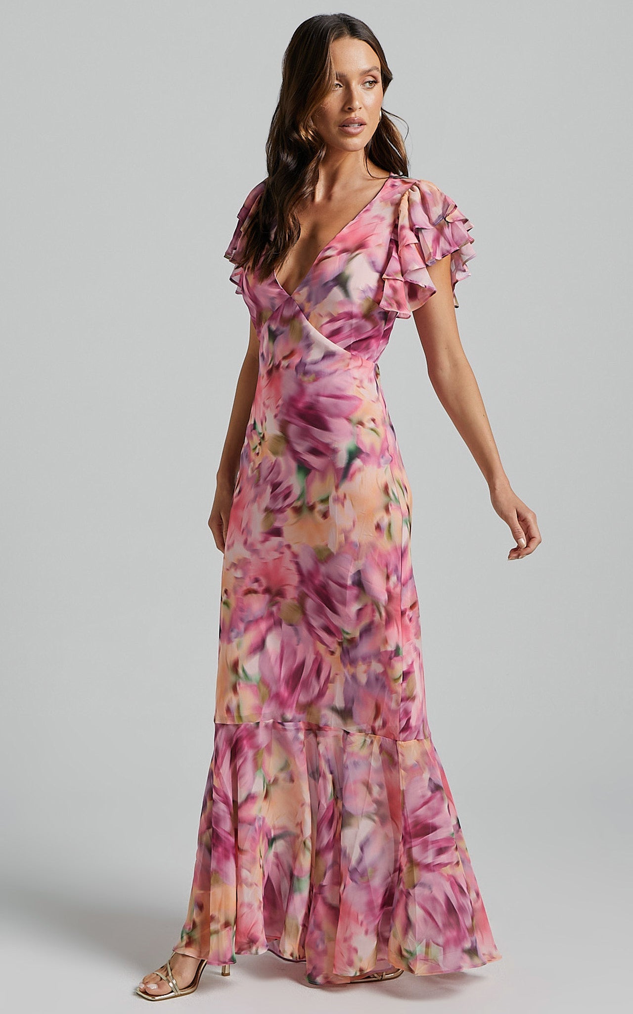 Jasmine Maxi Dress - Plunge Neck Short Flutter Sleeve Frill Hem Mermaid in Pink floral