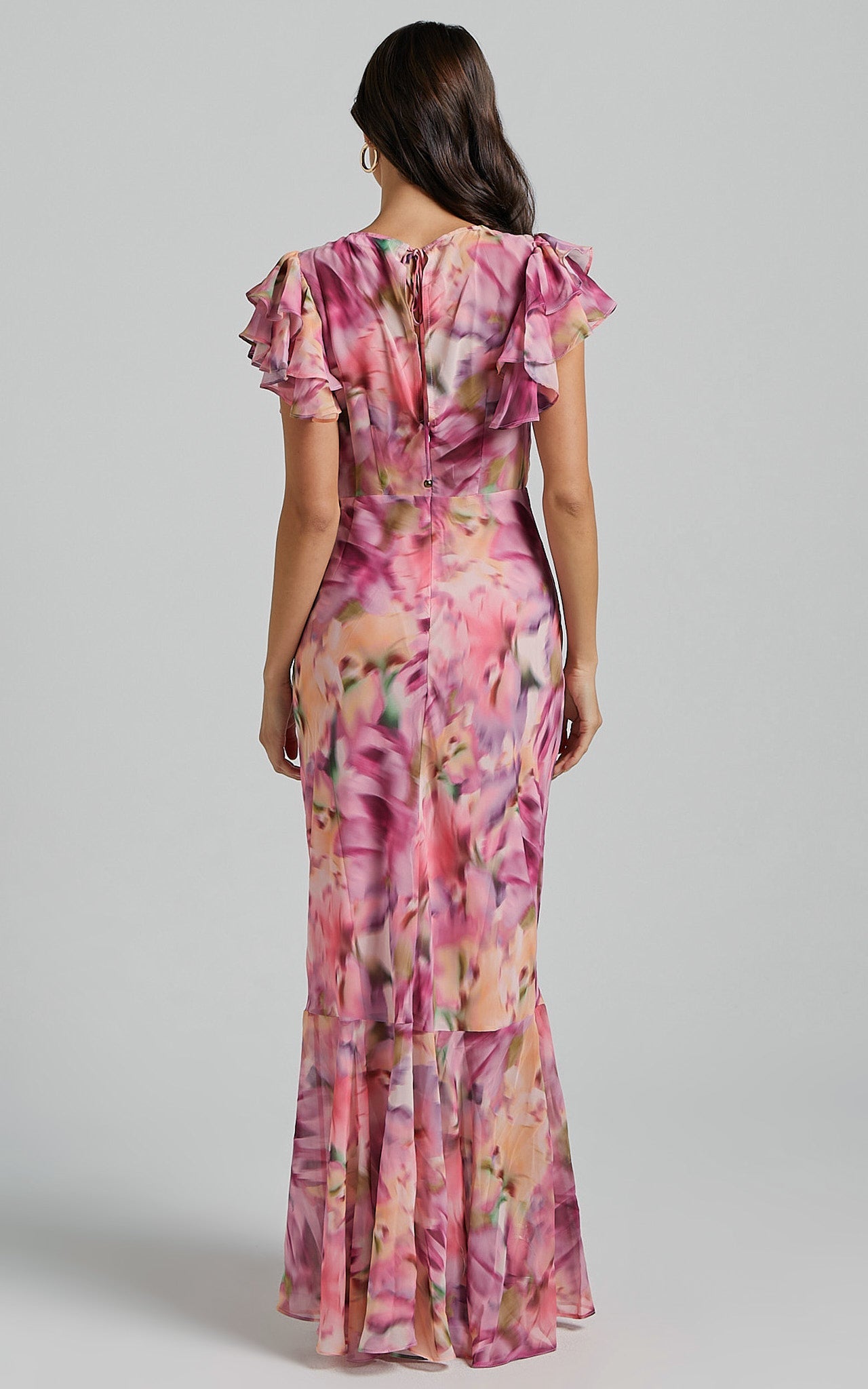 Jasmine Maxi Dress - Plunge Neck Short Flutter Sleeve Frill Hem Mermaid in Pink floral