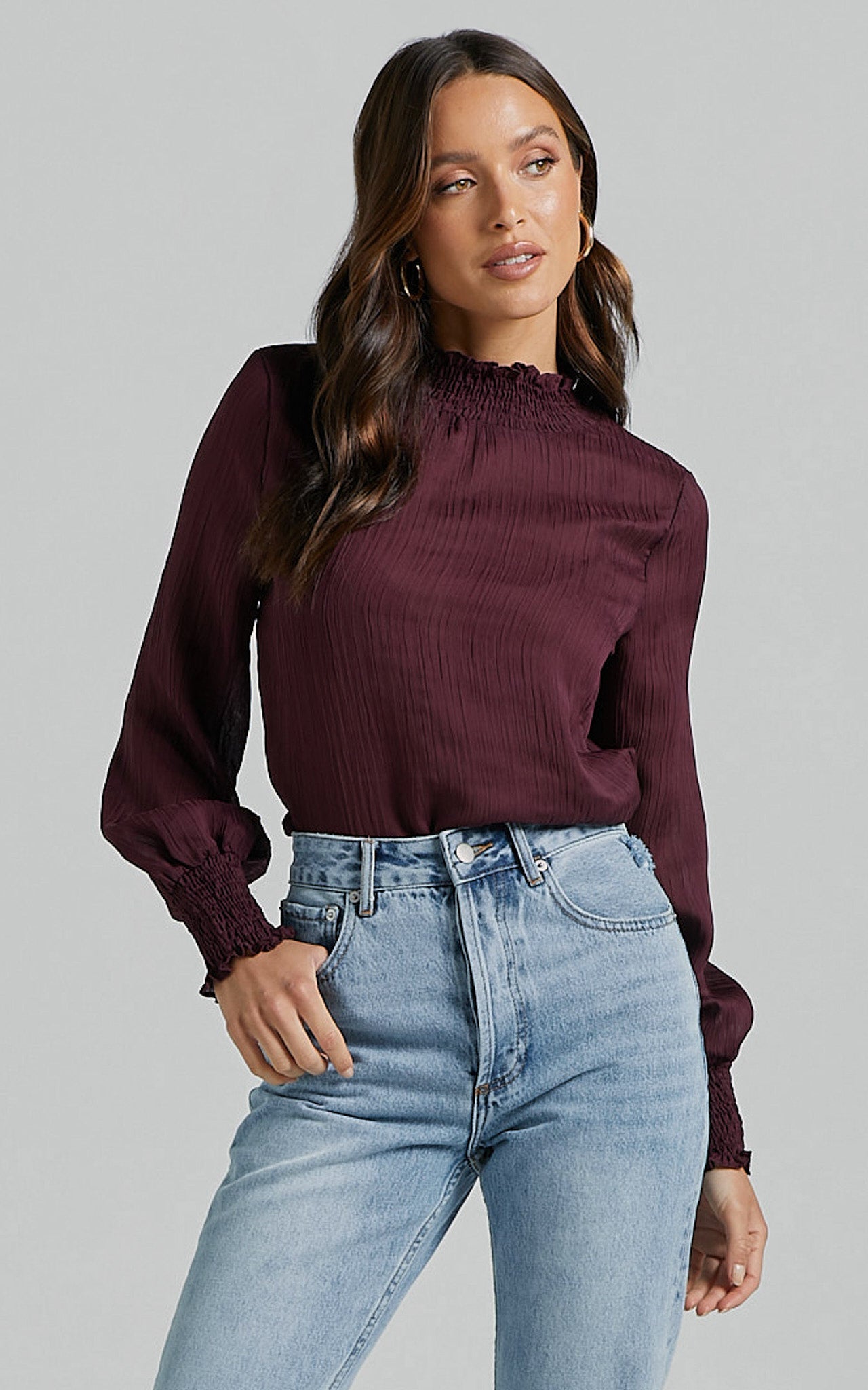 Kelsey Blouse - Shirred Long Sleeve Blouse in Plum