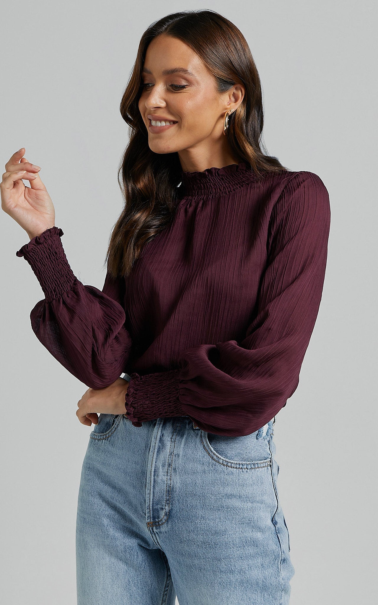 Kelsey Blouse - Shirred Long Sleeve Blouse in Plum