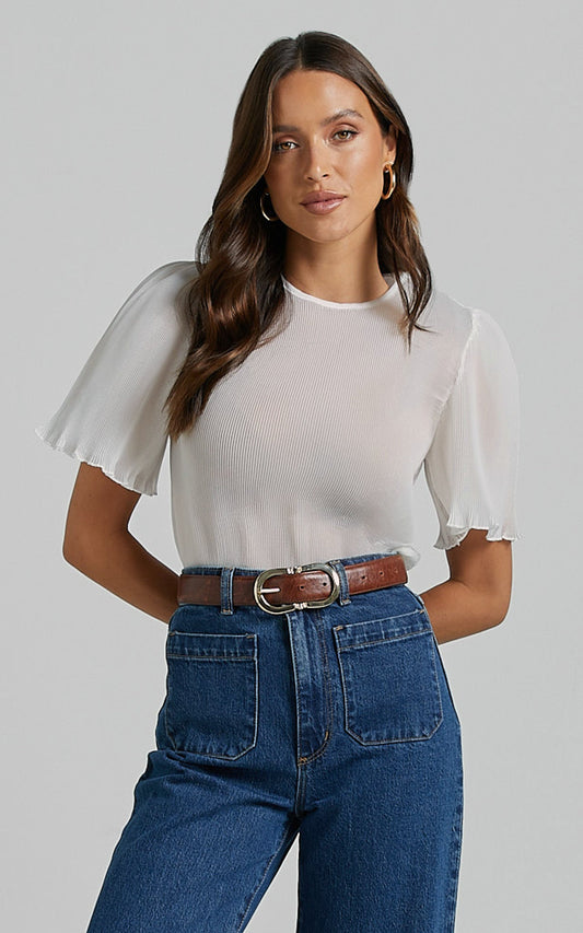 Lennon Top - Scoop Neck Short Sleeve Pleated Top in White