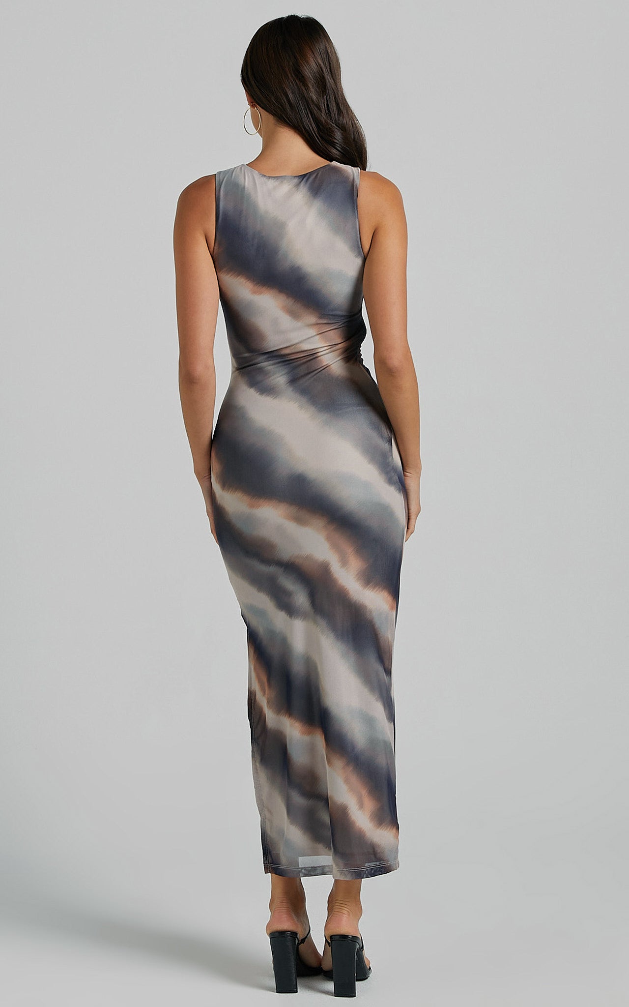 Loralie Midi Dress - Mesh High Neck Bodycon Dress in Brown Tie Dye