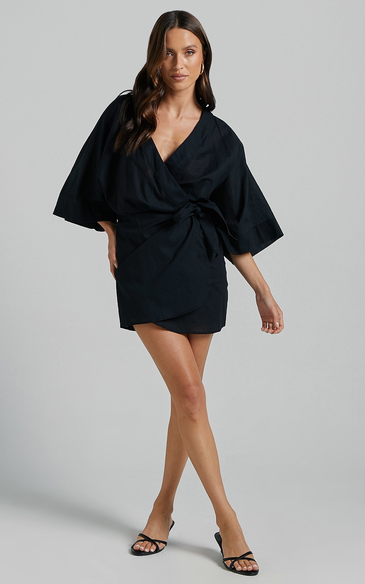 Meranda Mini Dress - V Neck 3/4 Sleeve Wrap in Black