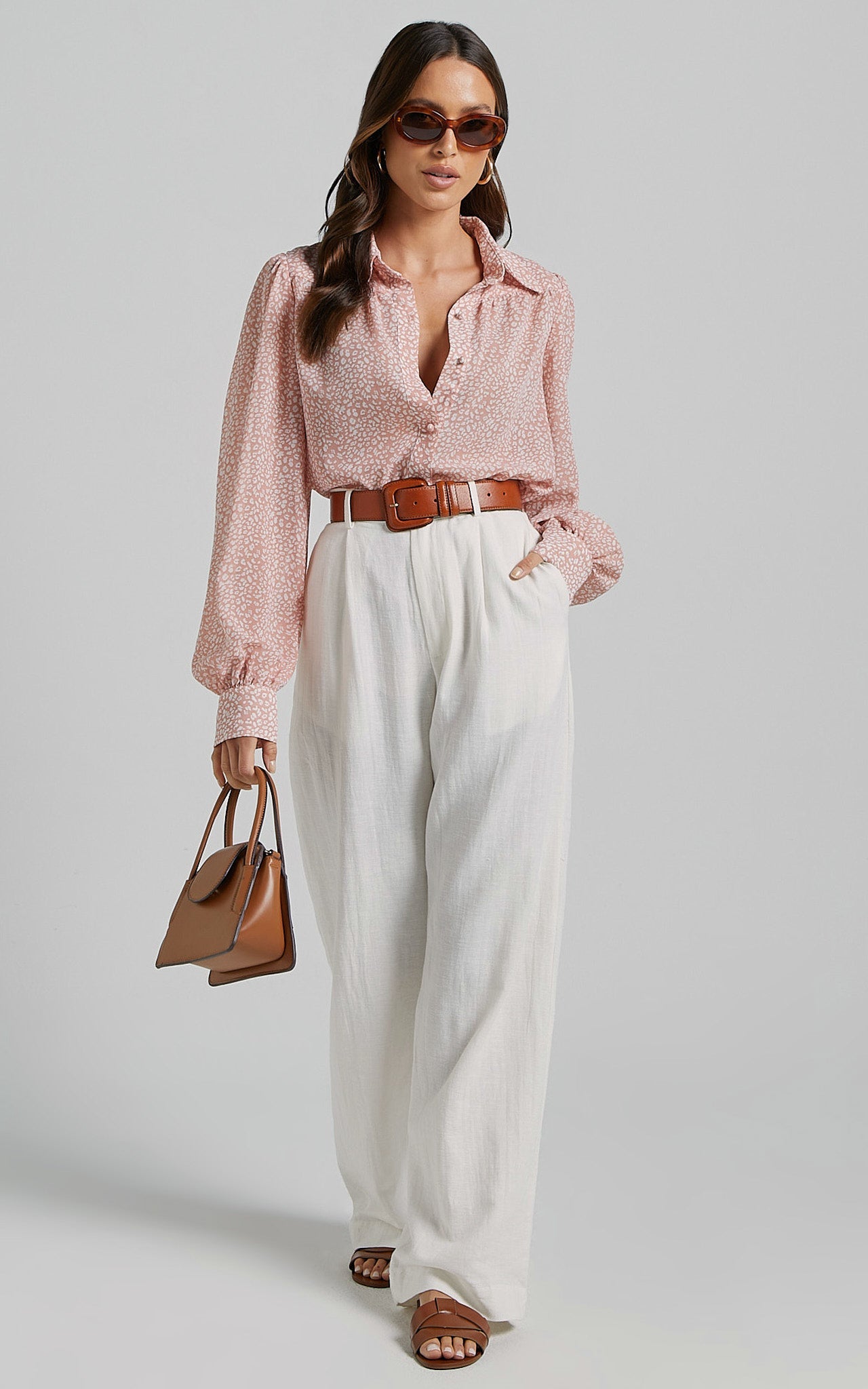 Milane Blouse - Collared Button through Long Blouson Sleeve in Pink & White Print