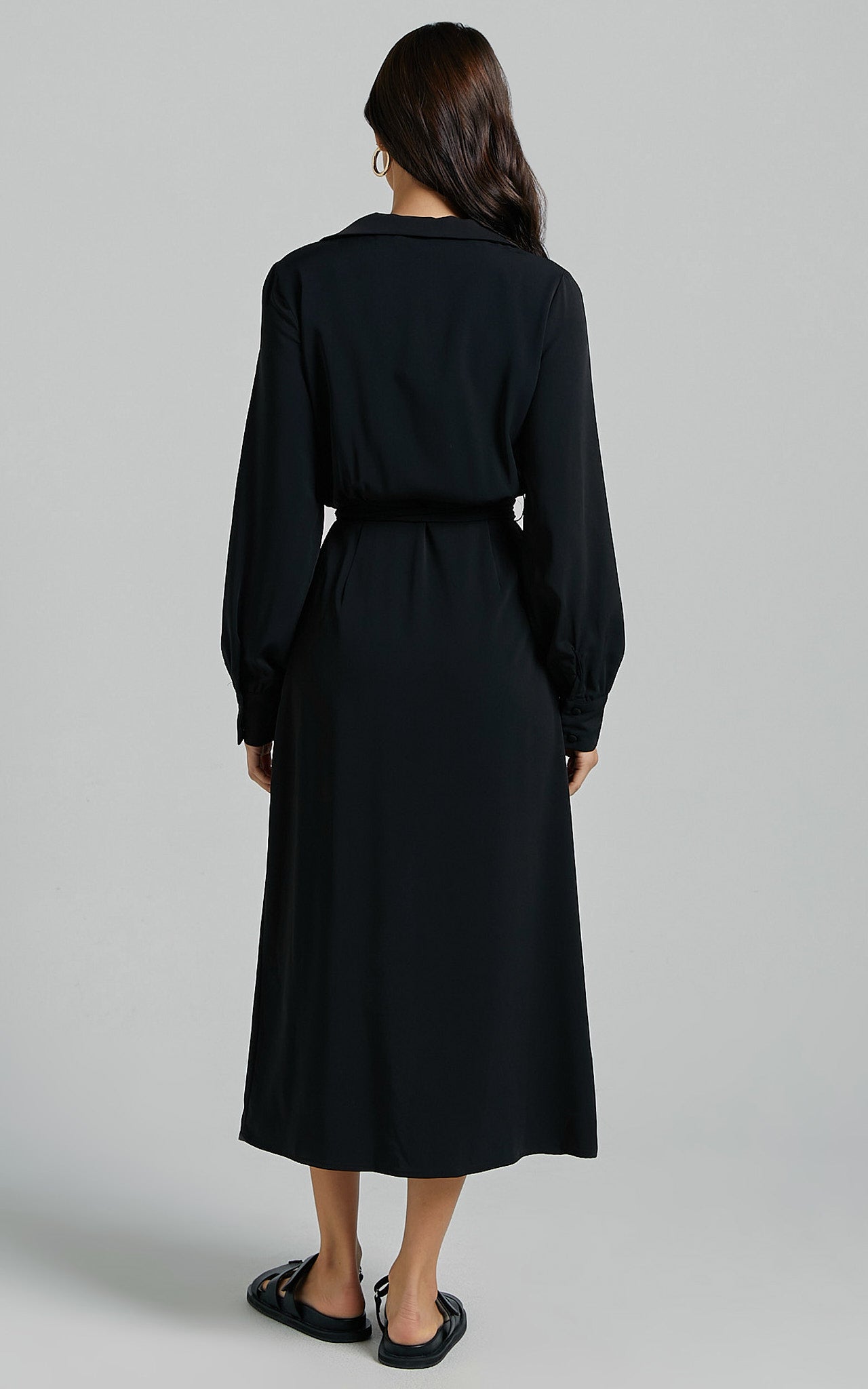 Nalysha Midi Dress - Long Sleeve Wrap Dress in Black