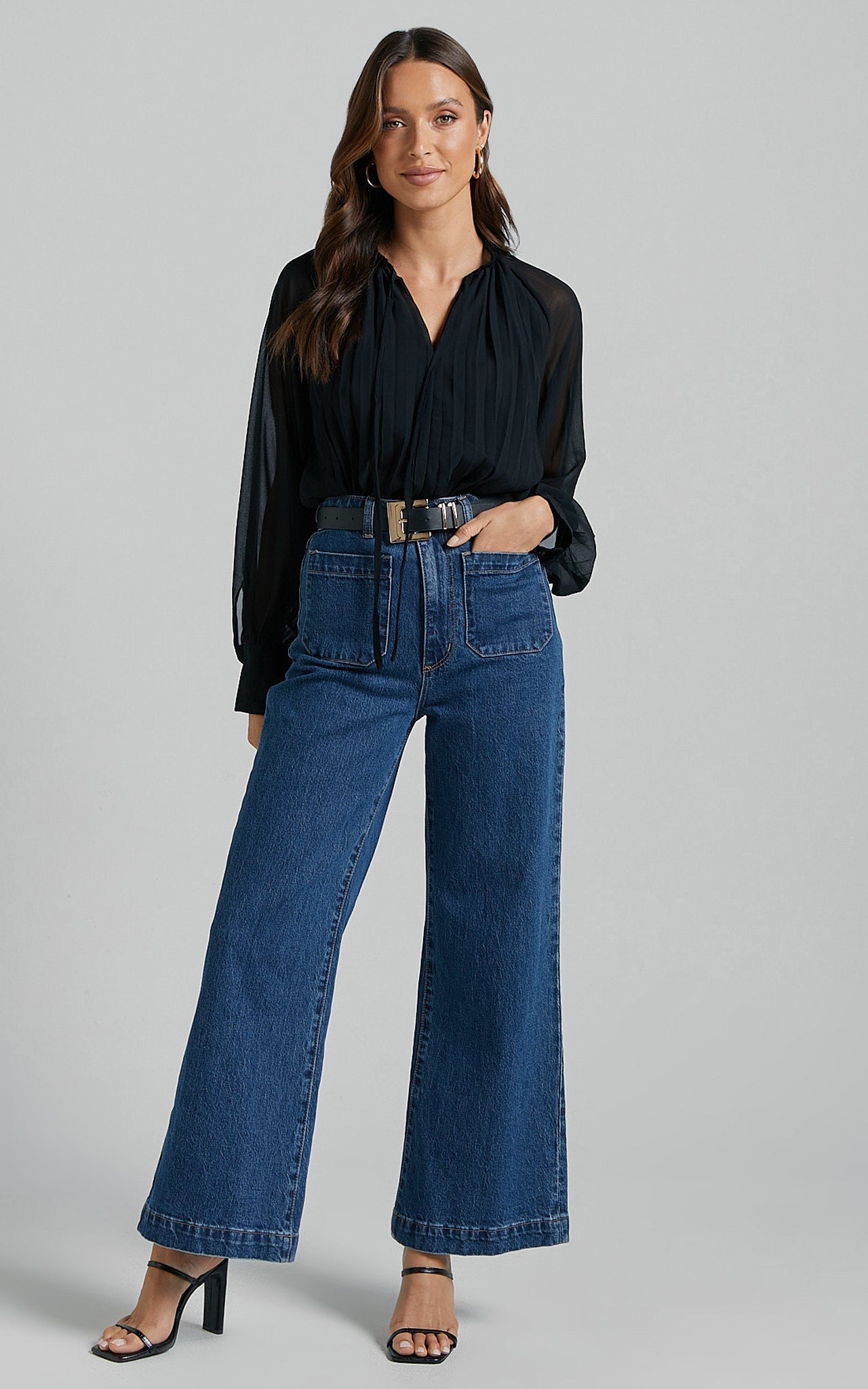 Vivianne Pleated Blouse - Tie Neck Cuffed Long Sleeve Top in Black