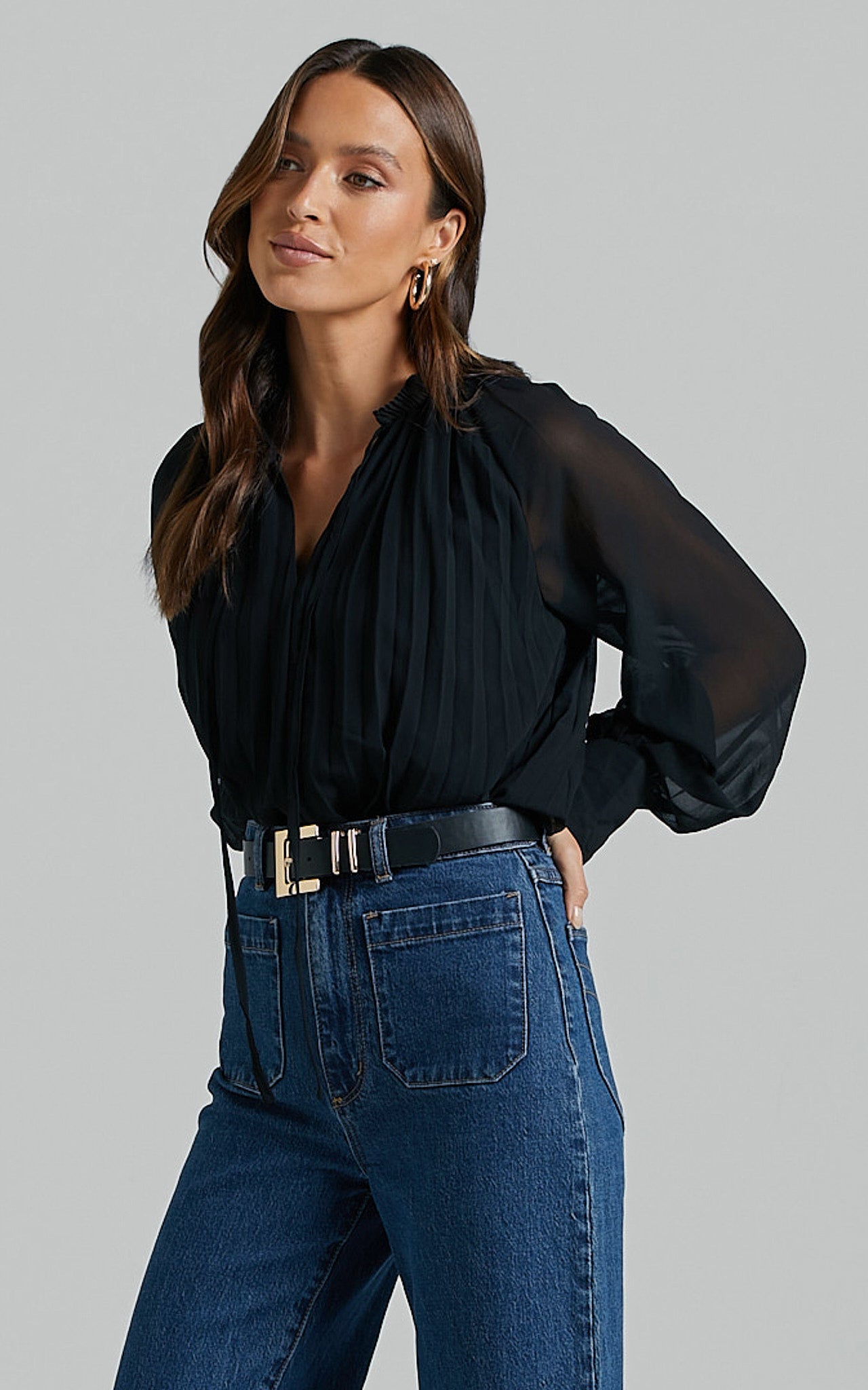 Vivianne Pleated Blouse - Tie Neck Cuffed Long Sleeve Top in Black