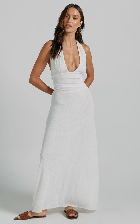Wesley Maxi Dress - Plunge Halter Neck Backless Tie in White