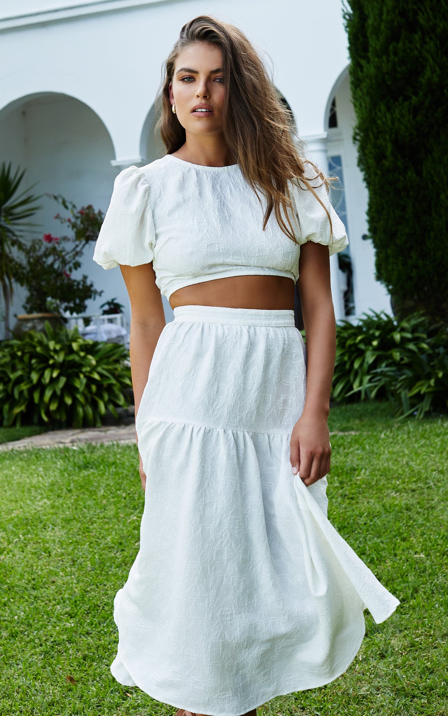Leila Two Piece Set - Puff Sleeve Top and Midi Skirt Set in White