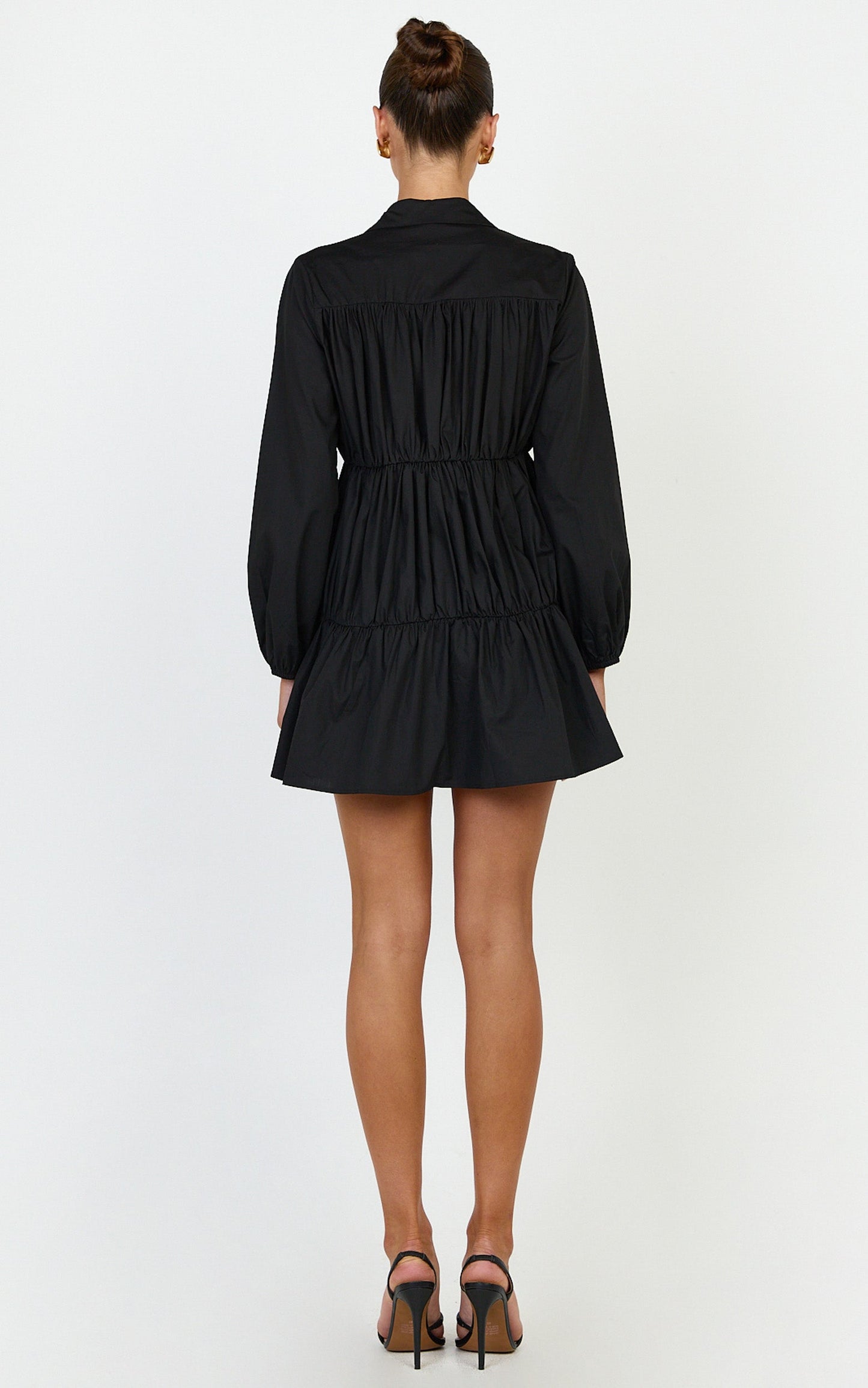 Elodie Mini Dress - Button Down Ruched Tiered Smock Dress in Black