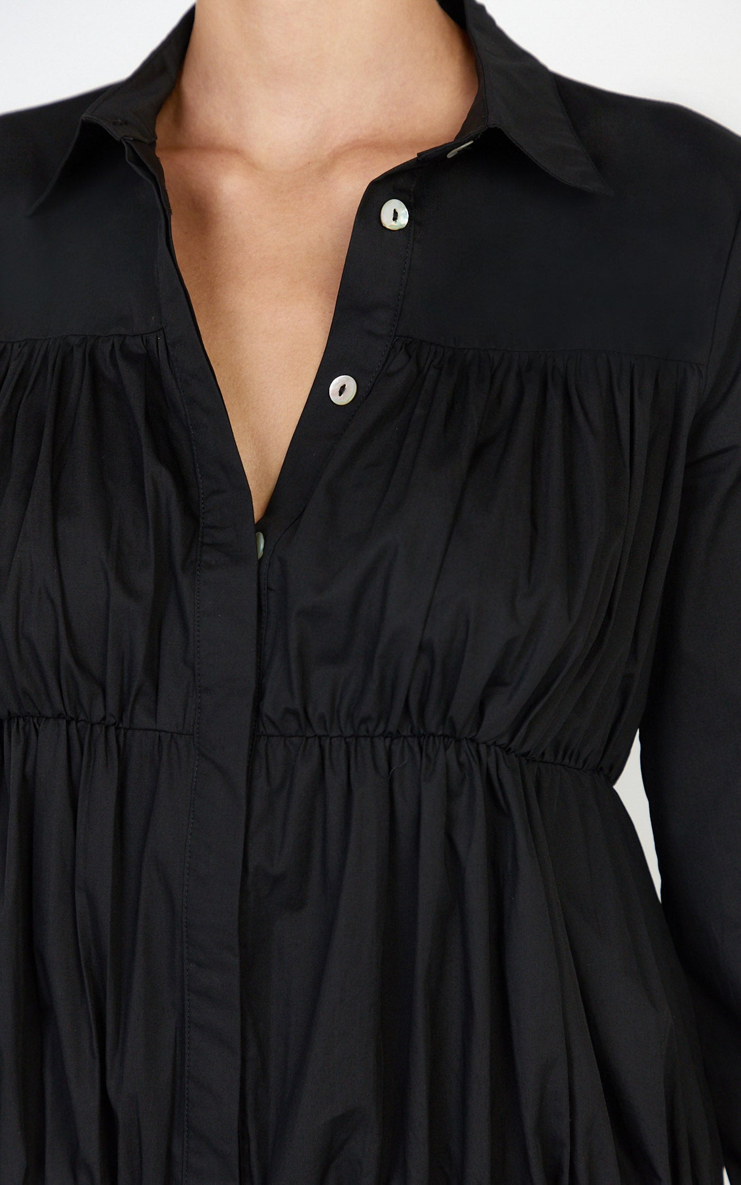 Elodie Mini Dress - Button Down Ruched Tiered Smock Dress in Black