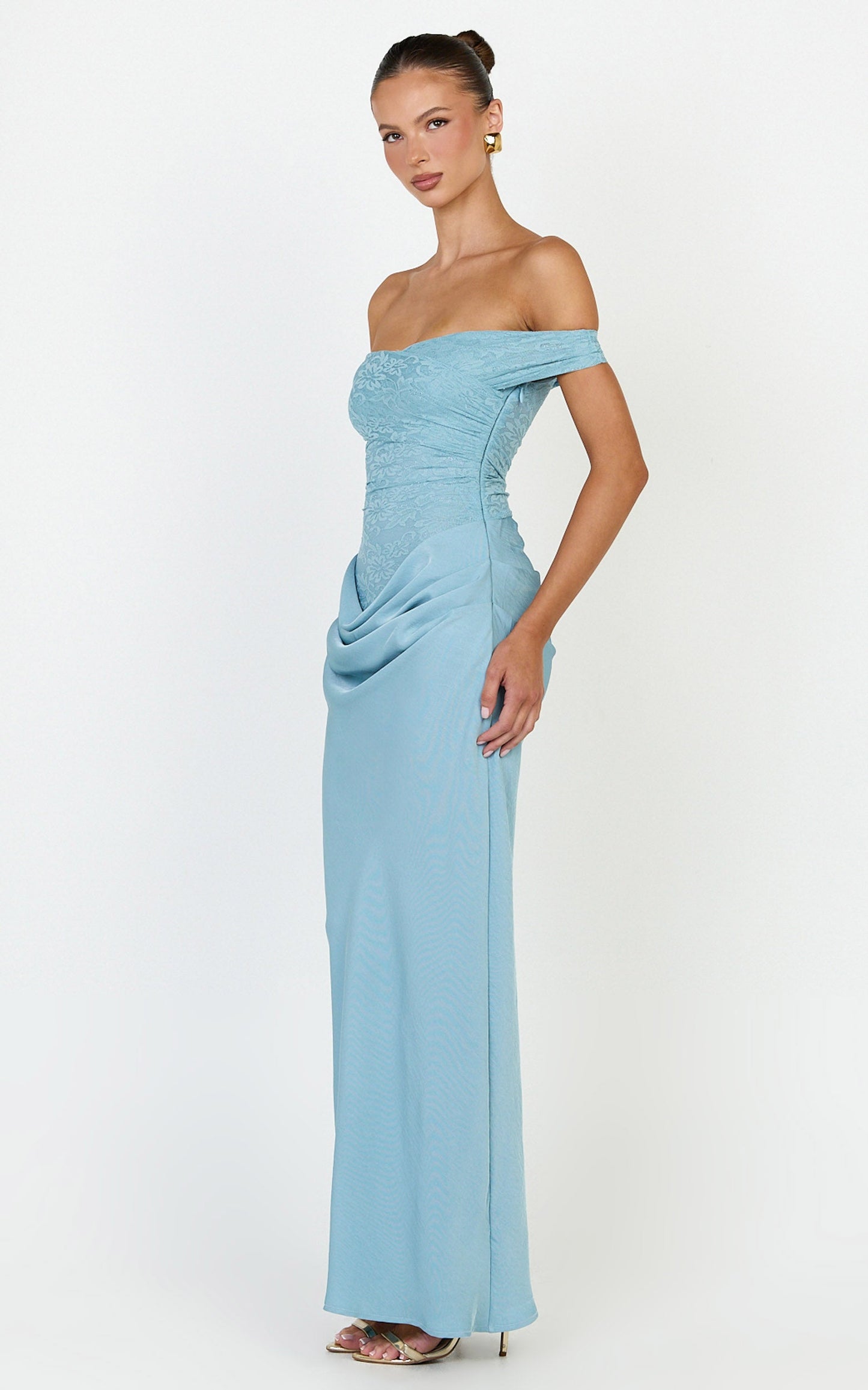 Thalassa Maxi Dress - Lace Off Shoulder Contrast Draped Cowl Waist Dress in Light Blue