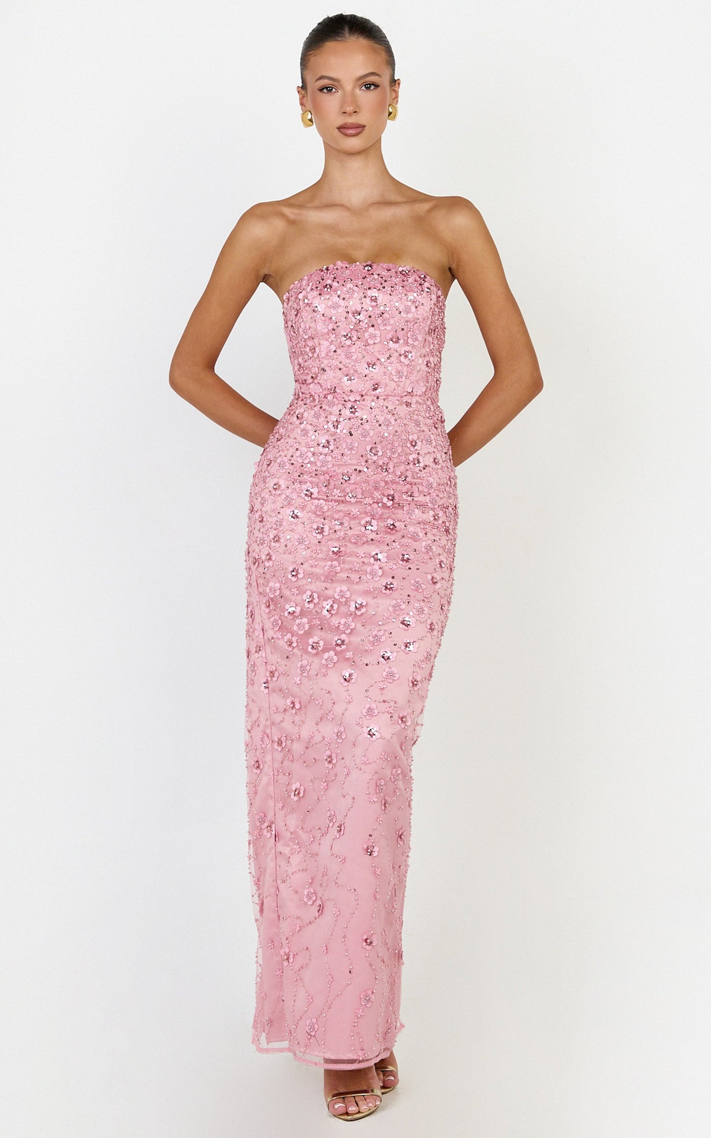 Leona Maxi Dress - Strapless Sequin Column Dress in Pink