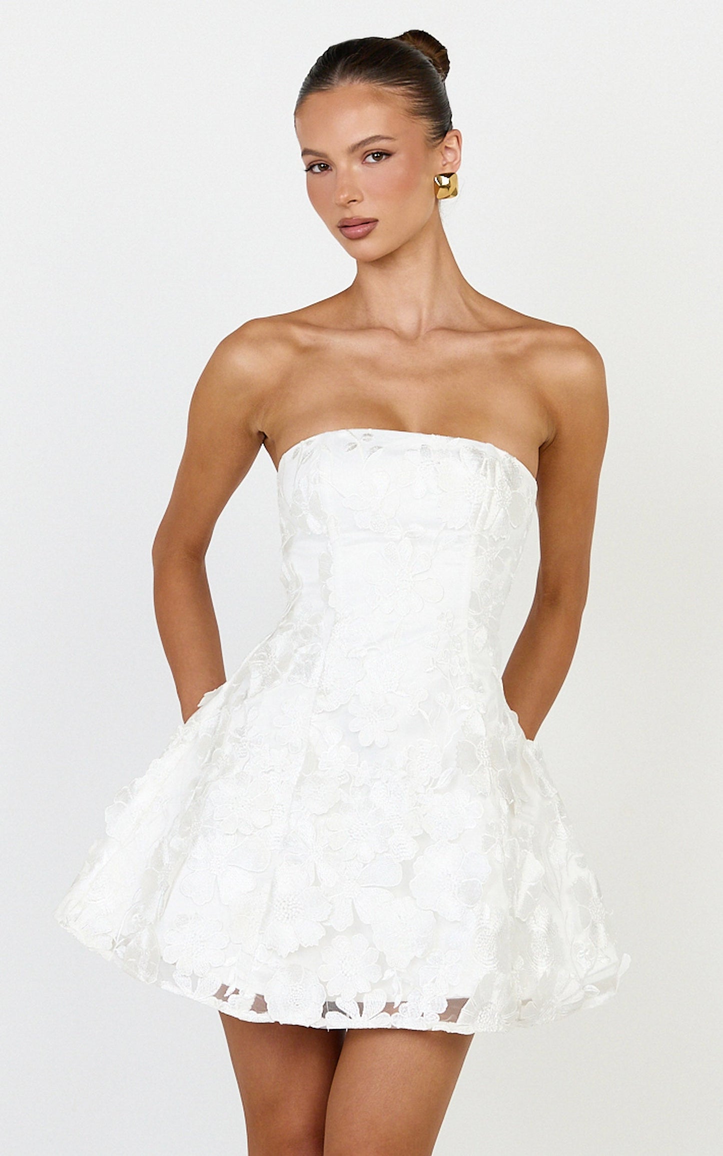 Cosima Mini Dress - Strapless 3D Floral Fit And Flare Dress in White