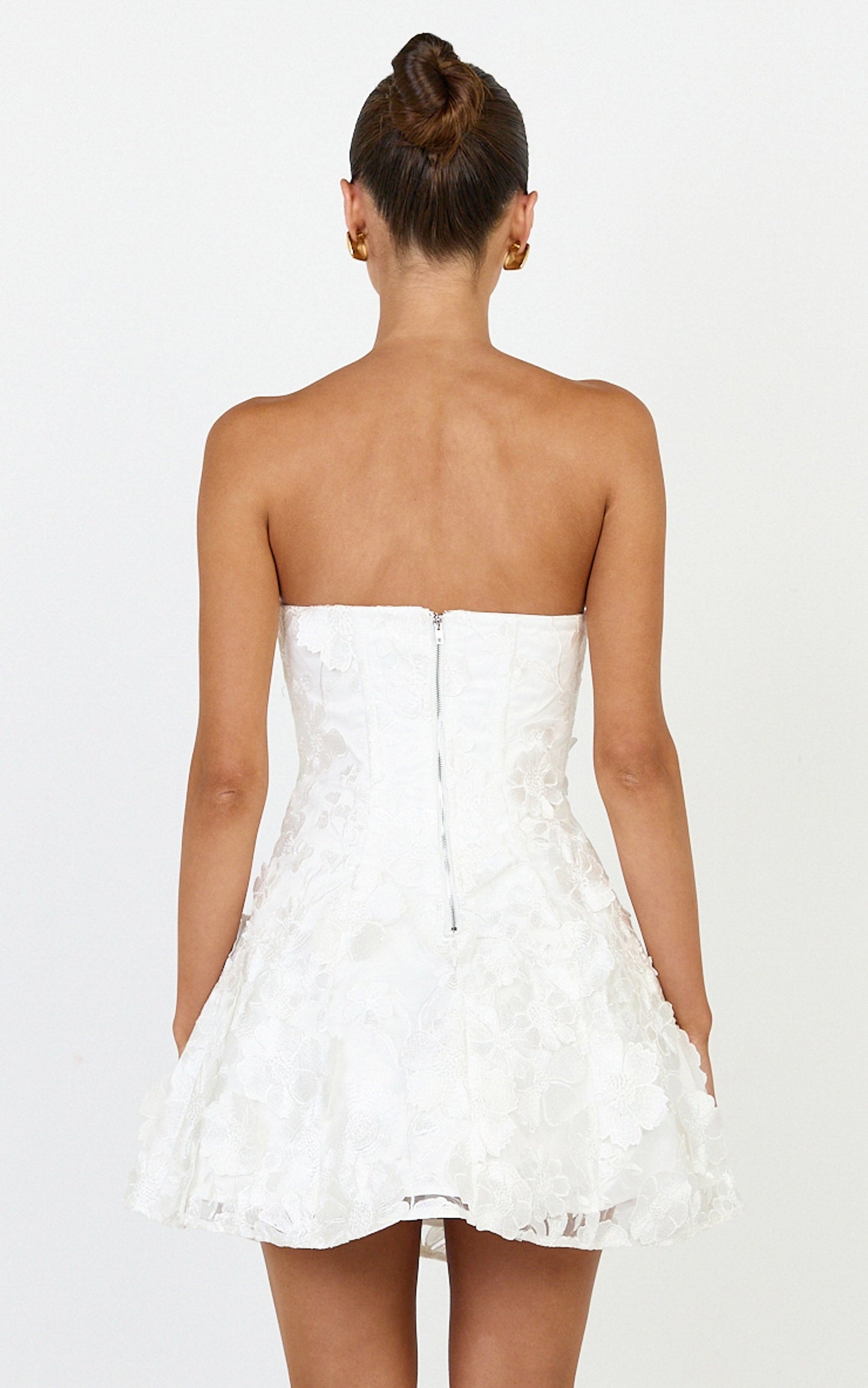Cosima Mini Dress - Strapless 3D Floral Fit And Flare Dress in White