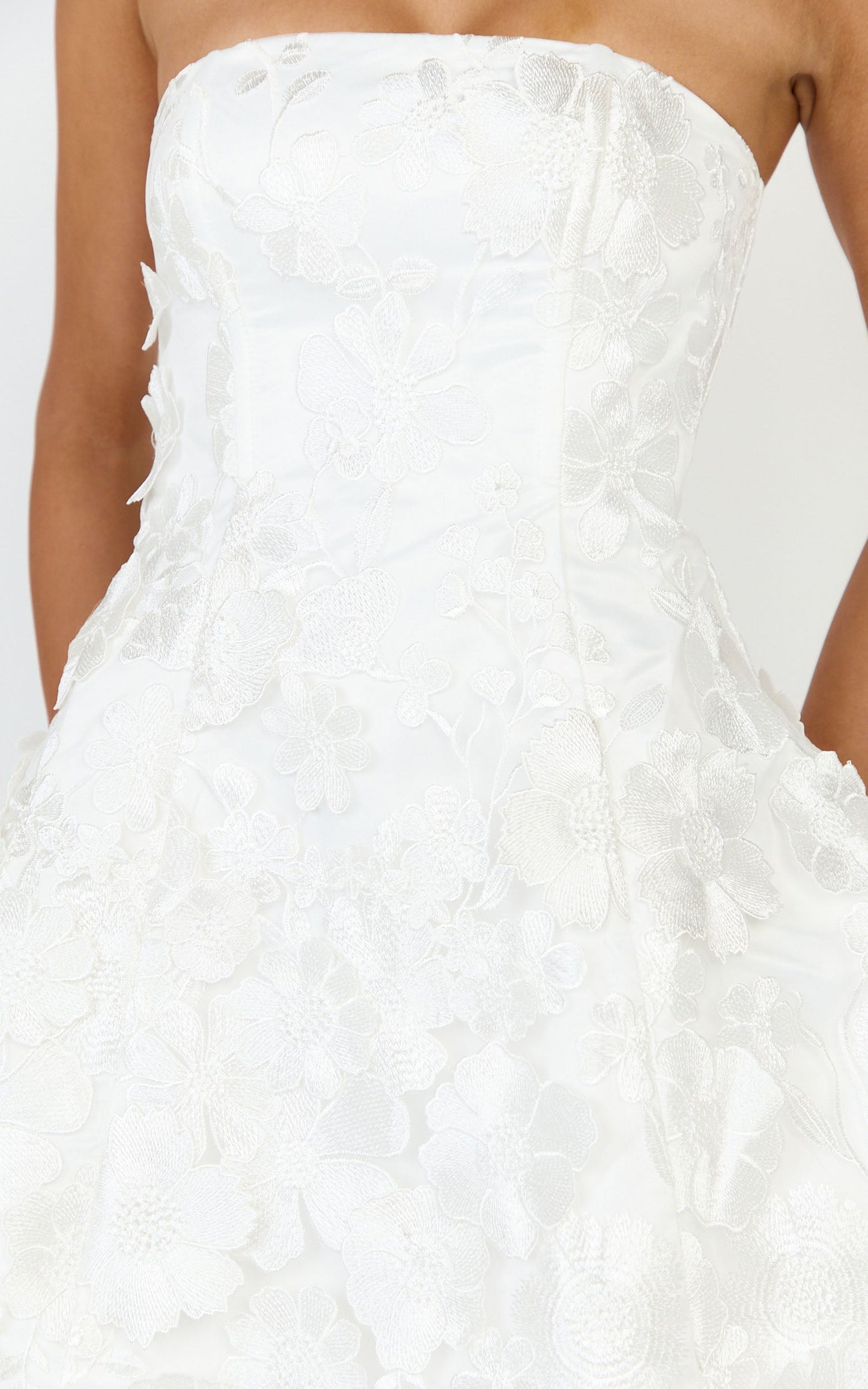 Cosima Mini Dress - Strapless 3D Floral Fit And Flare Dress in White