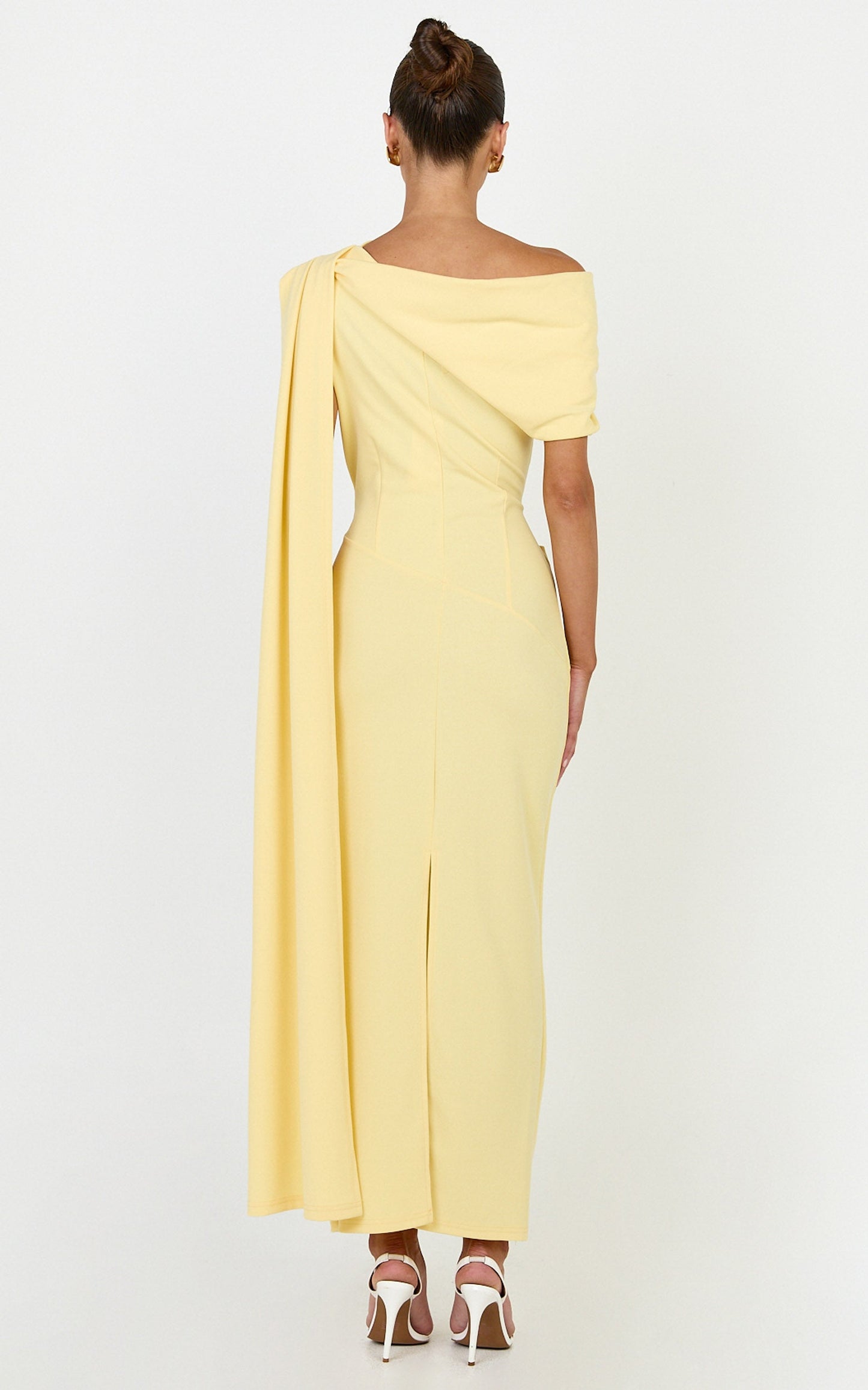 Visenta Midi Dress - Asymmetrical Sleeve Dress in Yellow
