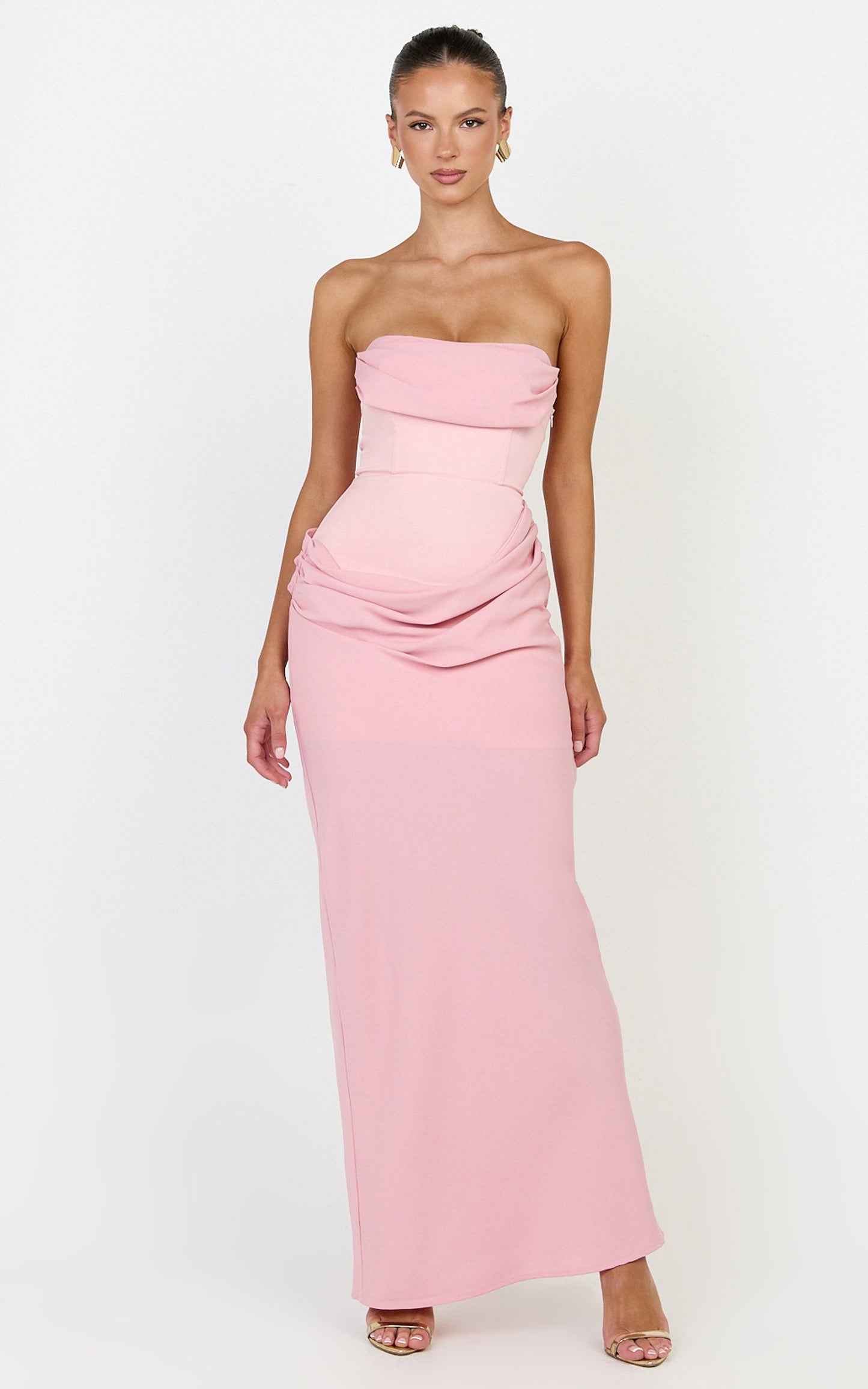 Phoebe Maxi Dress - Strapless Structured Bodice Drape Skirt Dress in Pink