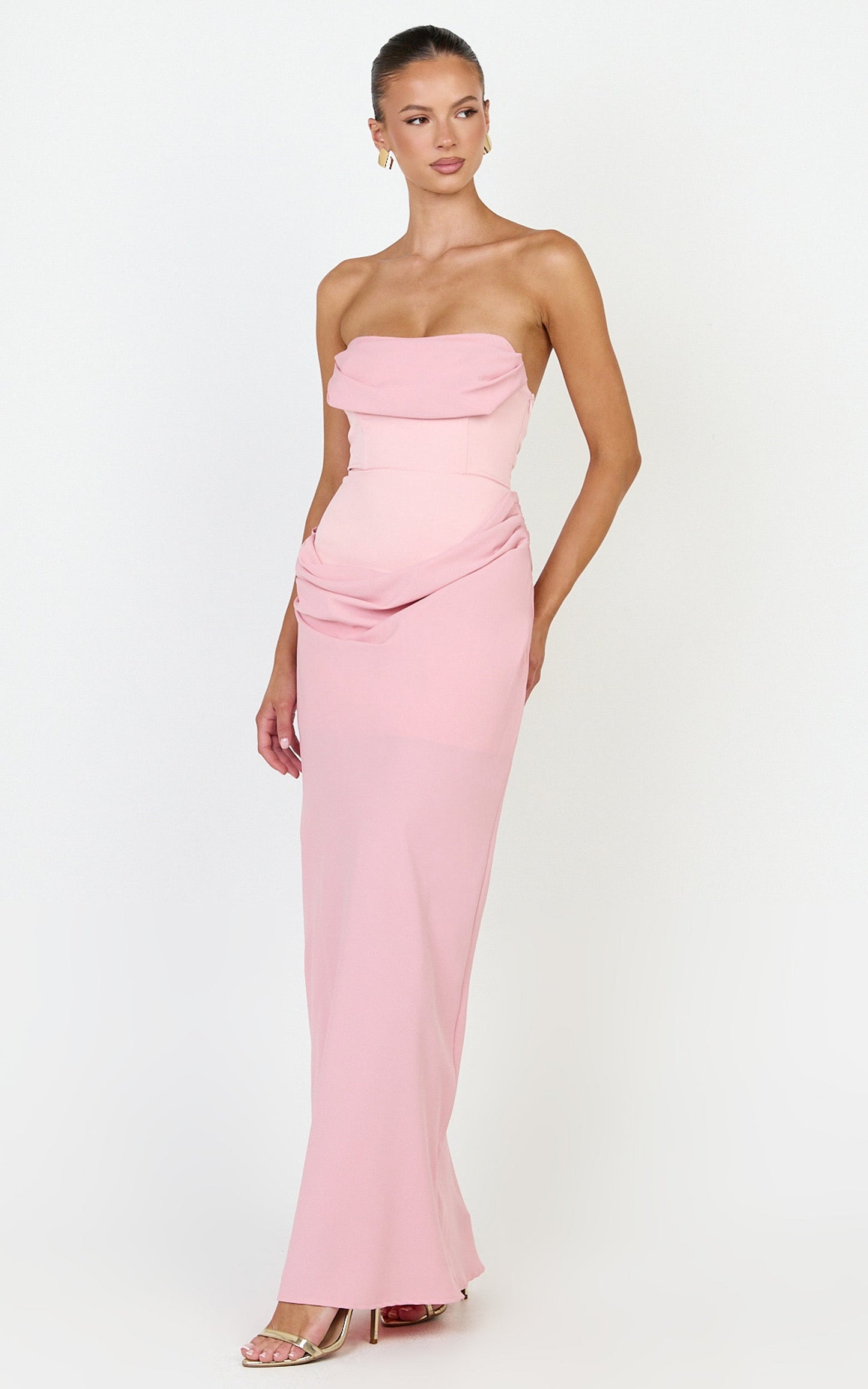Phoebe Maxi Dress - Strapless Structured Bodice Drape Skirt Dress in Pink