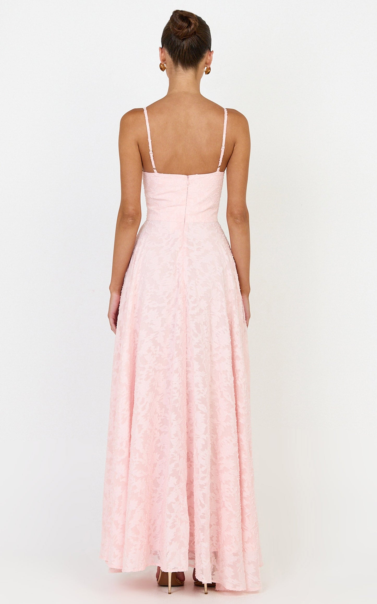 Rachel Maxi Dress - Sweetheart Neckline Jacquard Front Split Dress in Pink