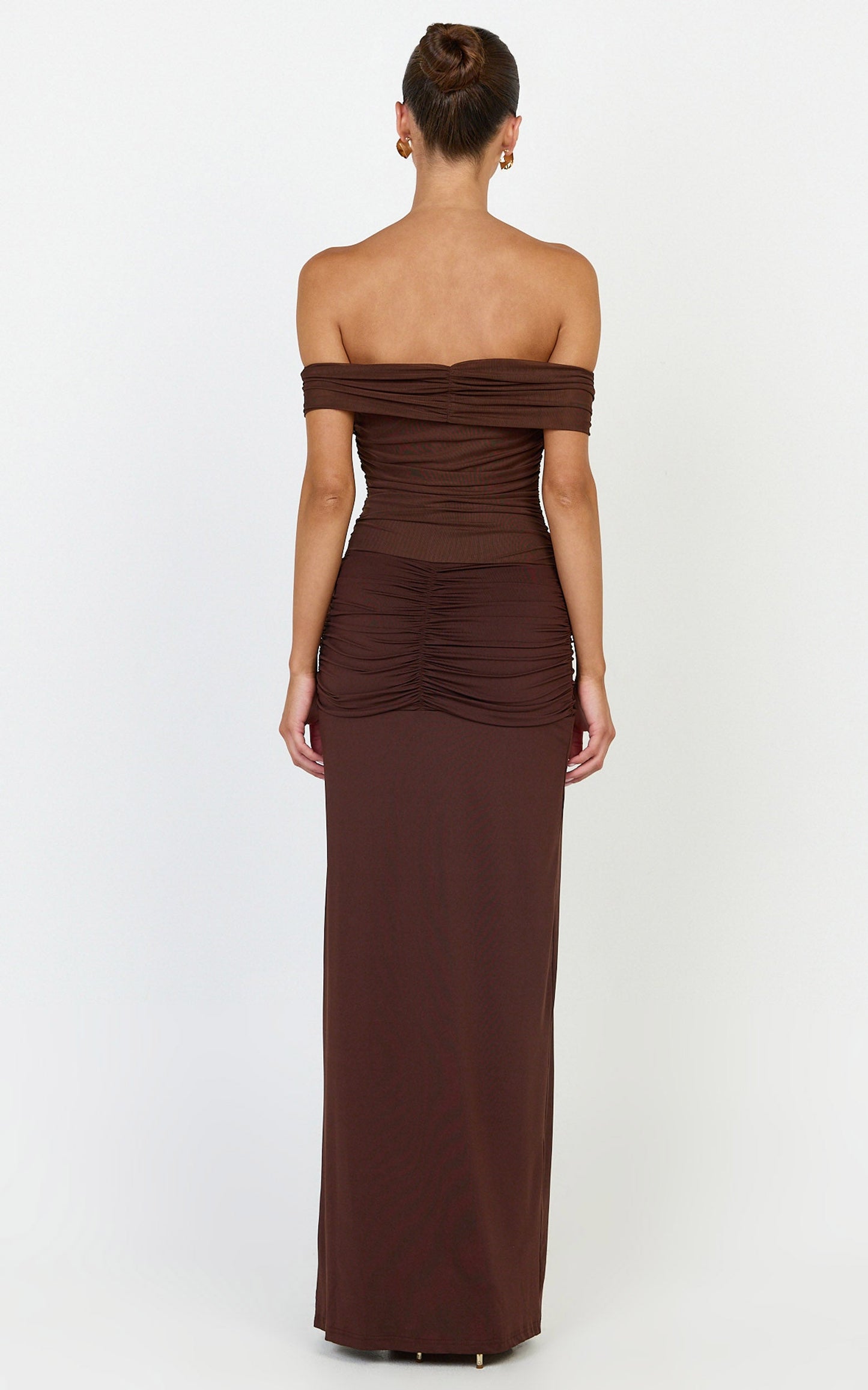 Vienna Maxi Dress - Off Shoulder Gathered Bodice Dress in Chocolate