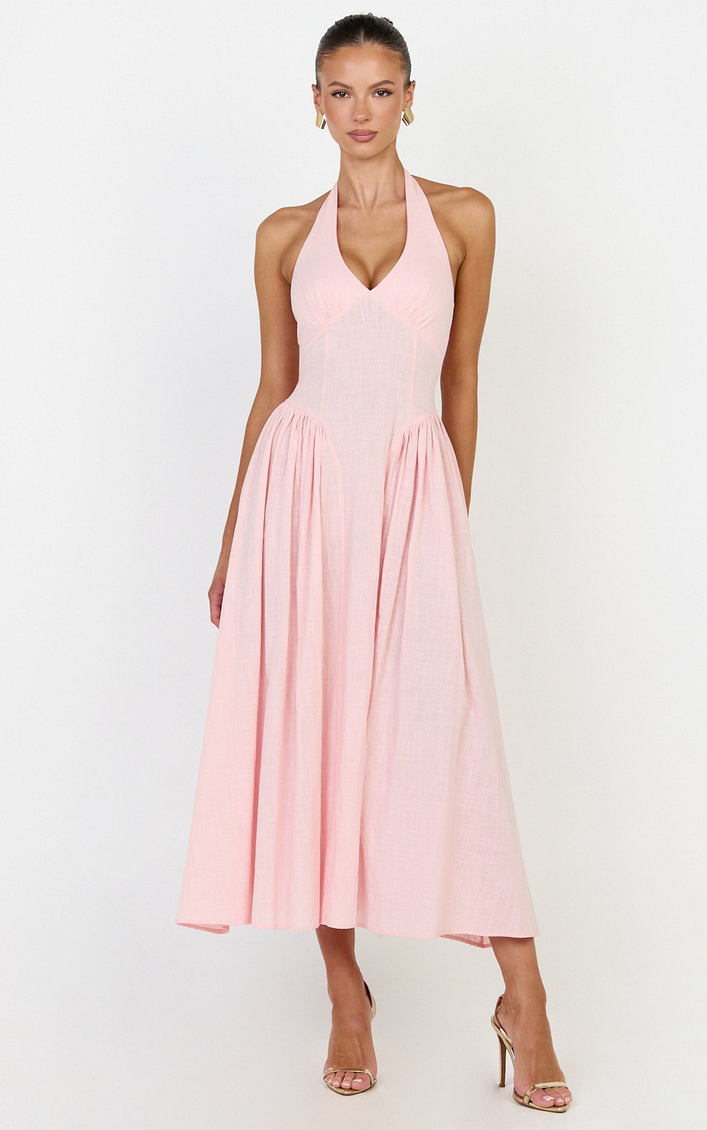 Athena Midi Dress - Halter Drop Waist Dress in Pink