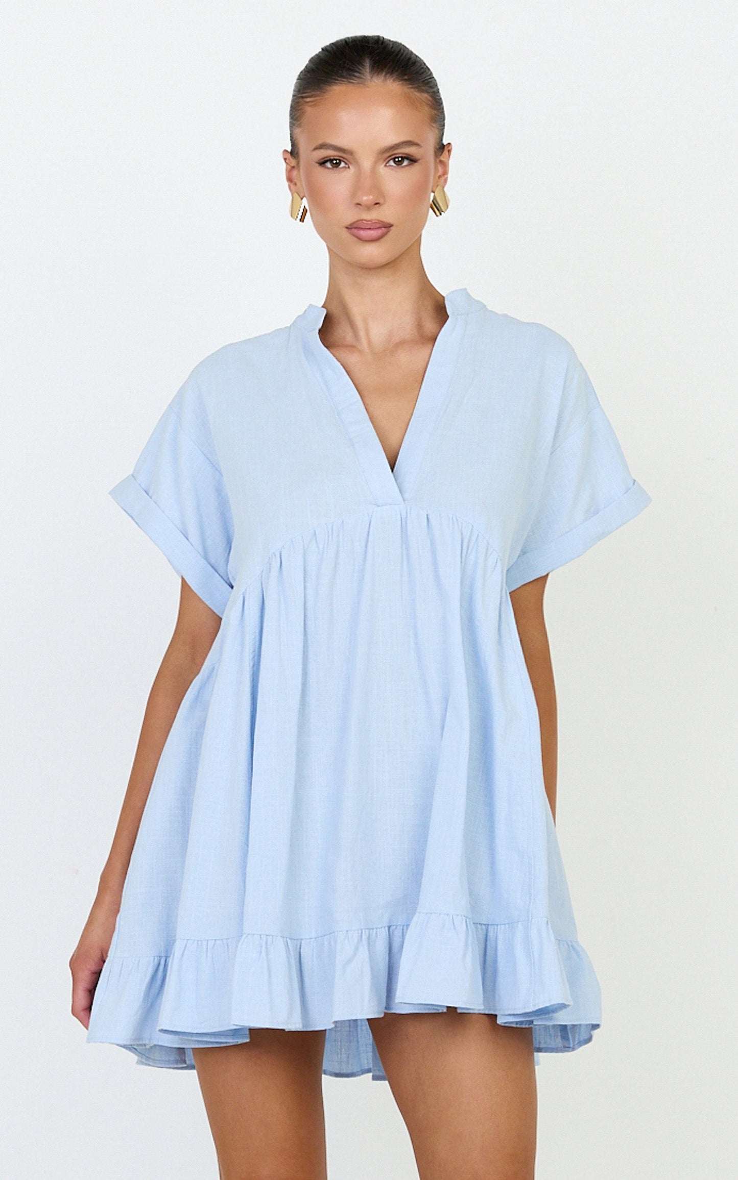 Calissa Mini Dress - Frill Hem Smock Dress in Light Blue