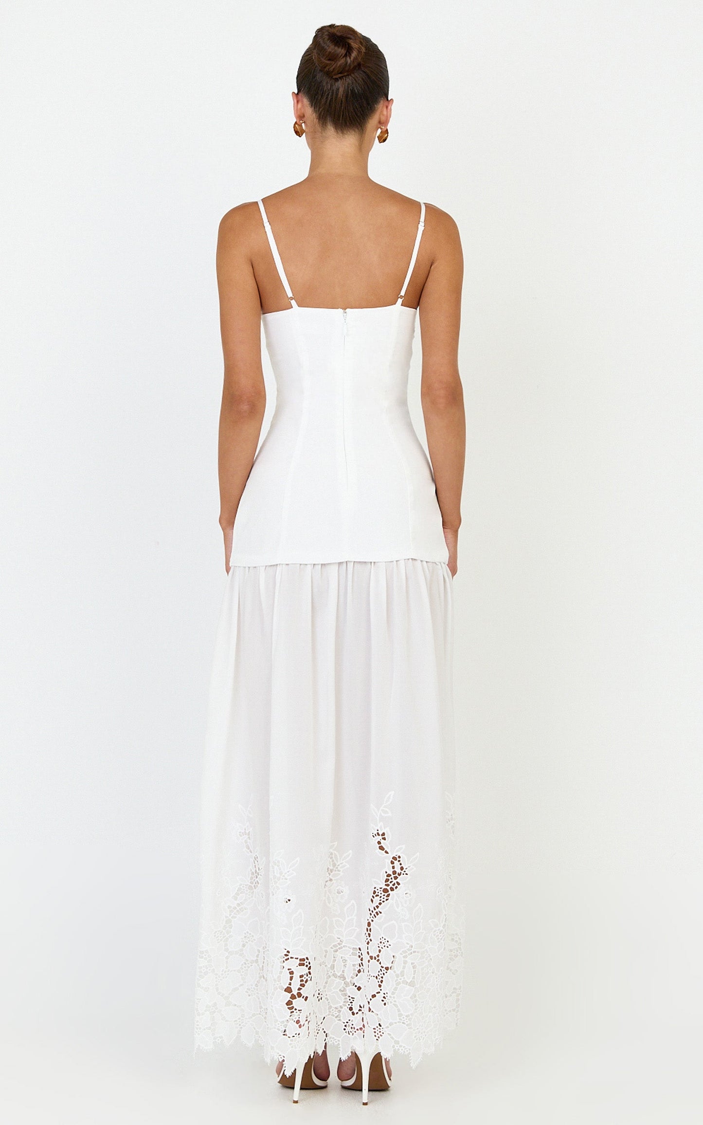 Everly Maxi Dress - Straight Neck Broderie Cut Out Hem Dress in White