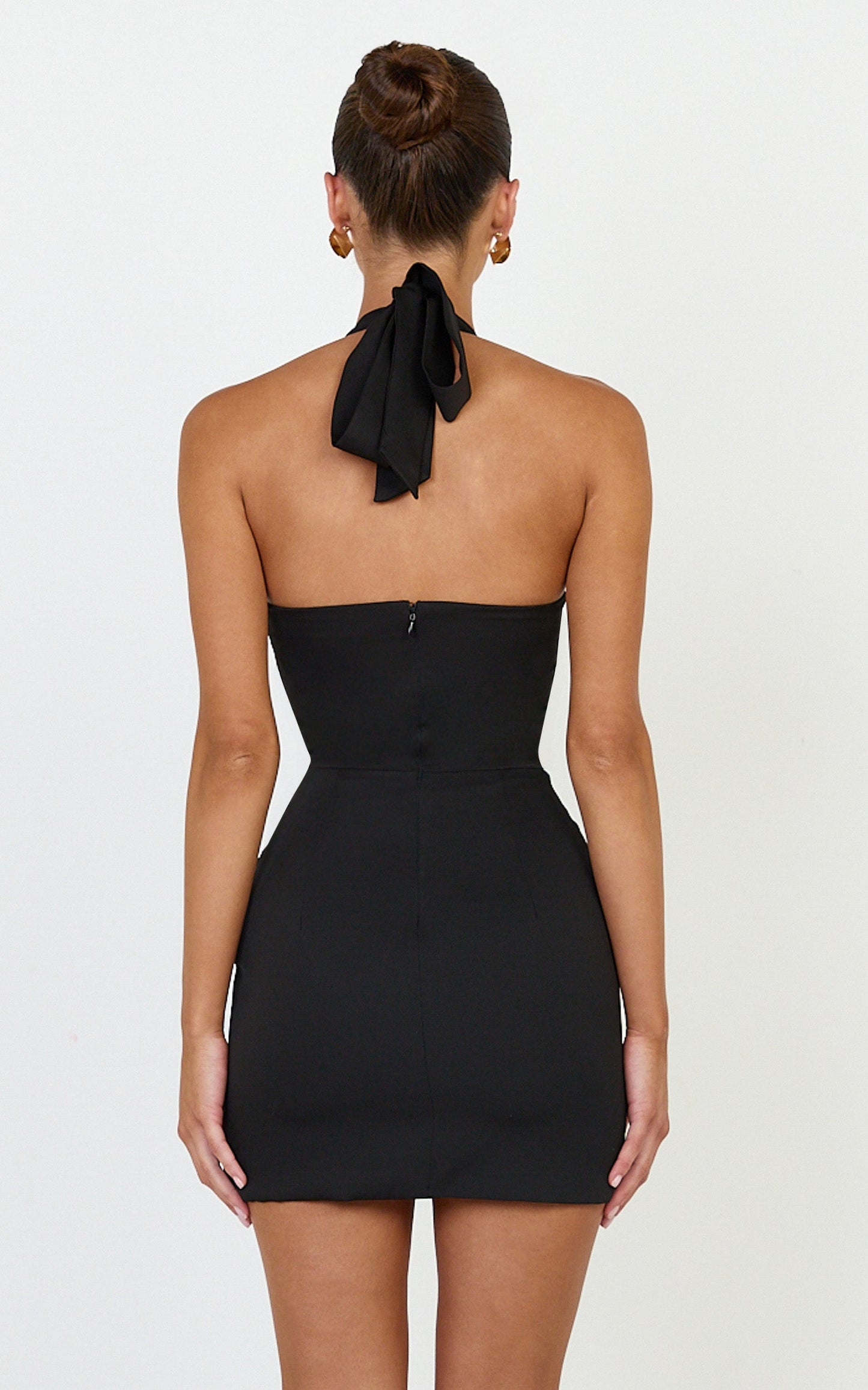 Karina Mini Dress - Halter Neck Princess Panel Tucked Waist Dress in Black