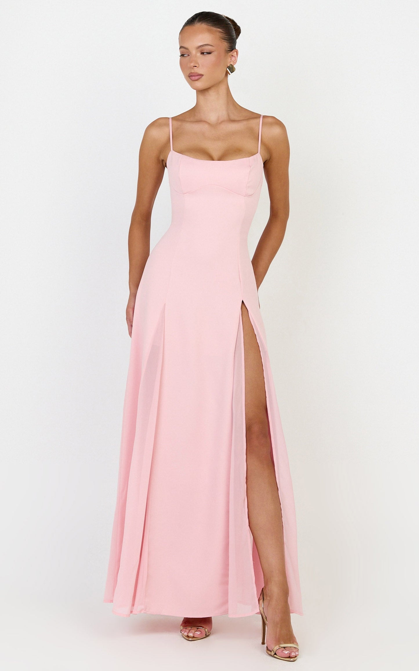 Juliette Maxi Dress - Sweetheart Neckline Georgette Godet Dress in Pink