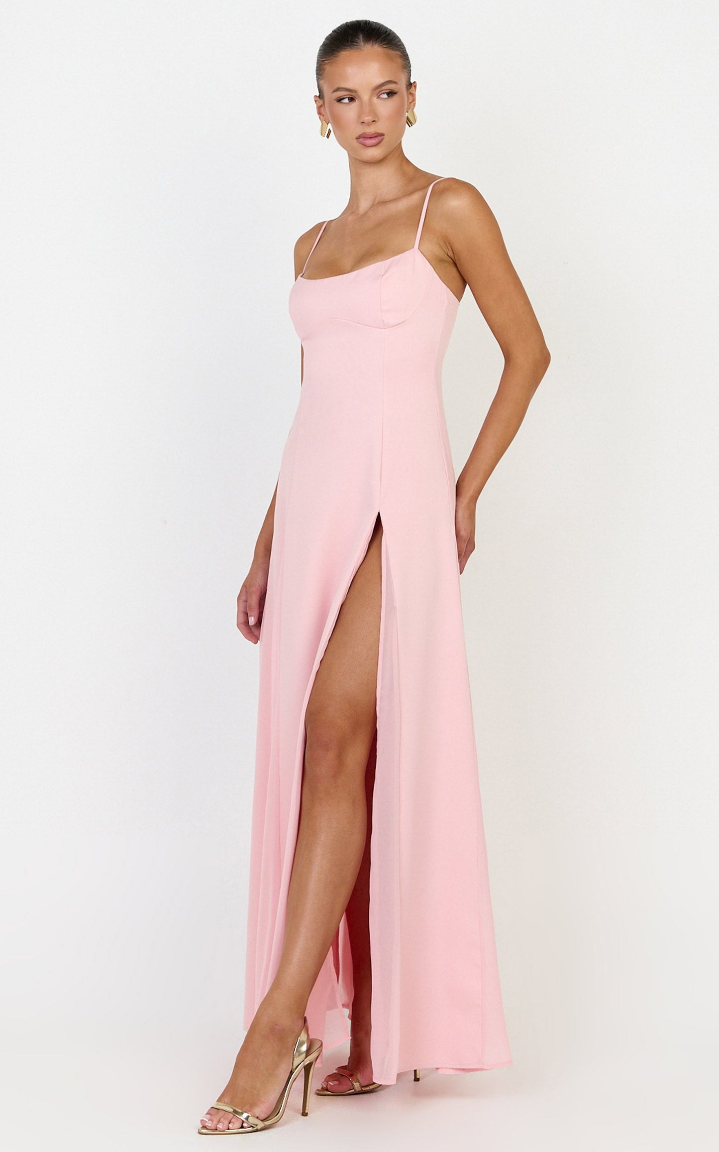 Juliette Maxi Dress - Sweetheart Neckline Georgette Godet Dress in Pink