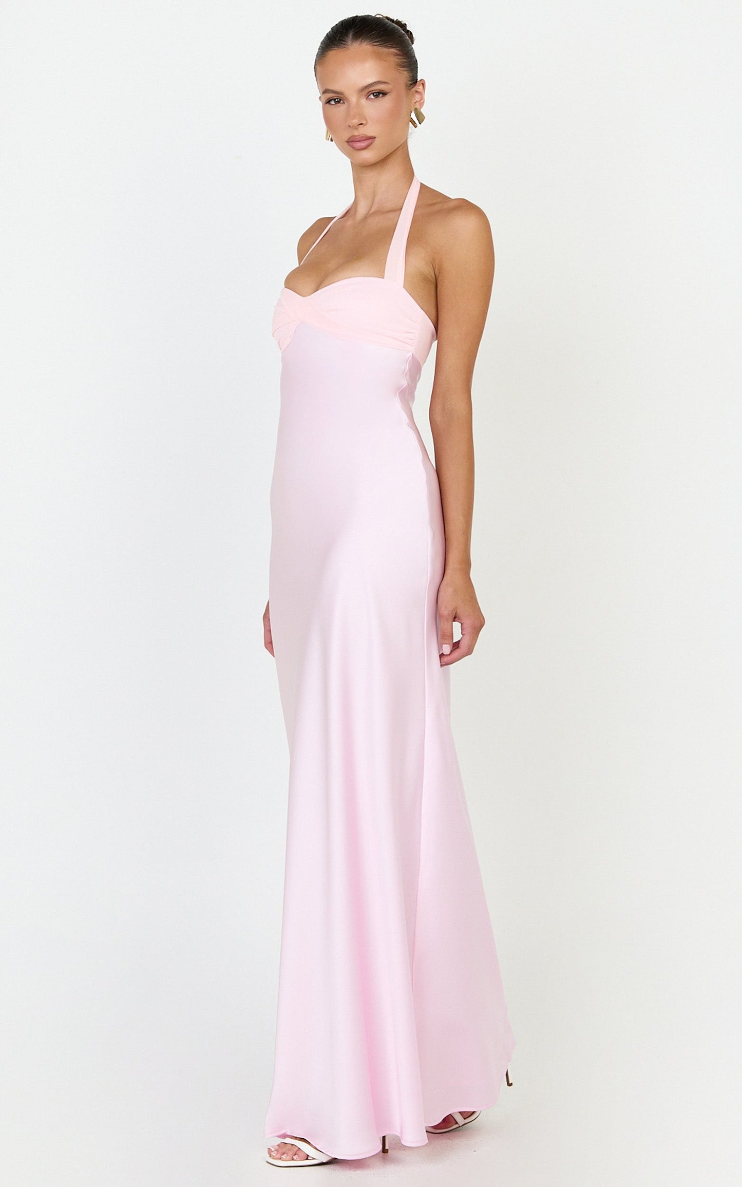 Flynn Maxi Dress - Satin Halter Sweetheart Neck Dress in Pink