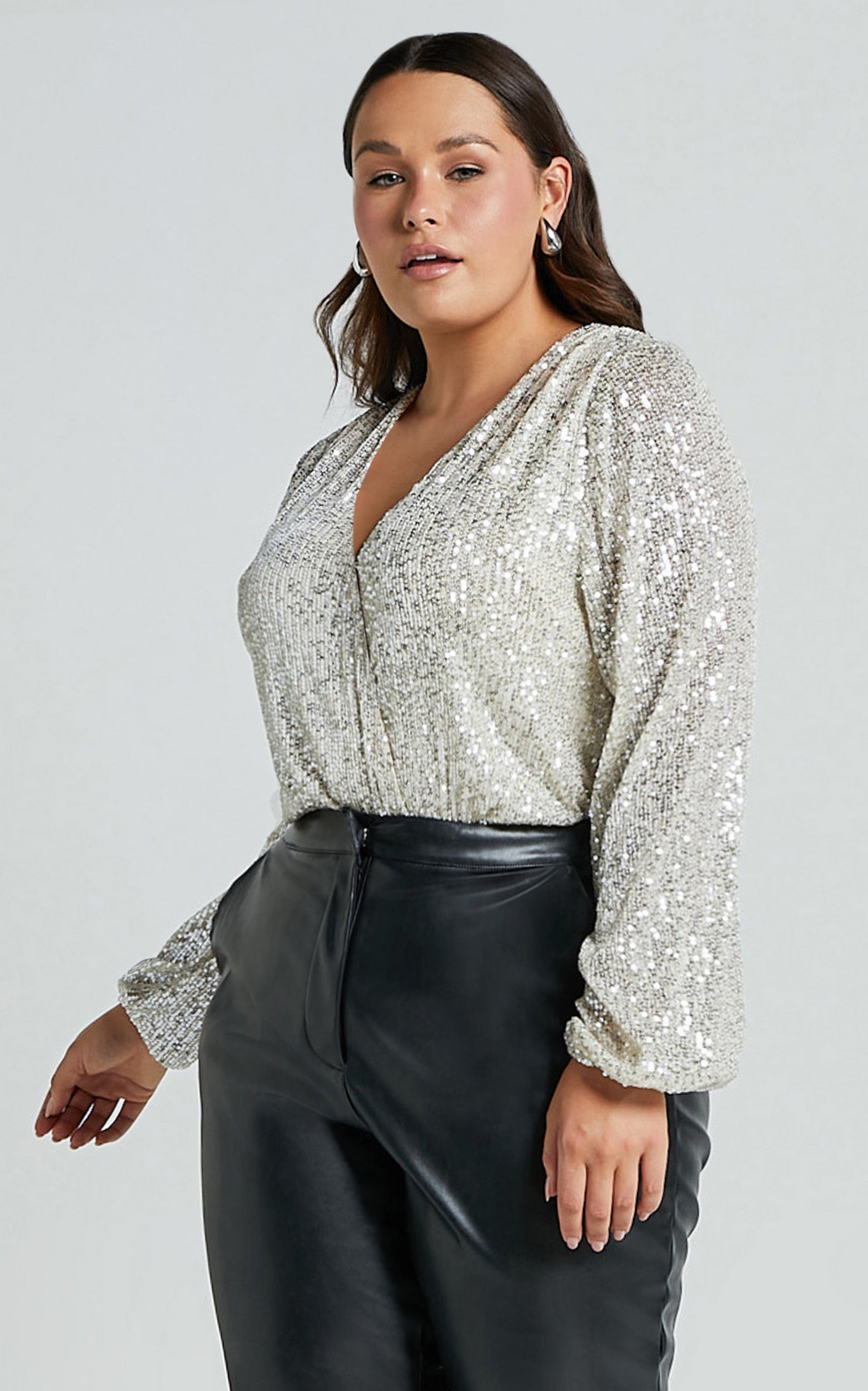 Madone Bodysuit - Long Sleeve V Neck Sequin in Silver