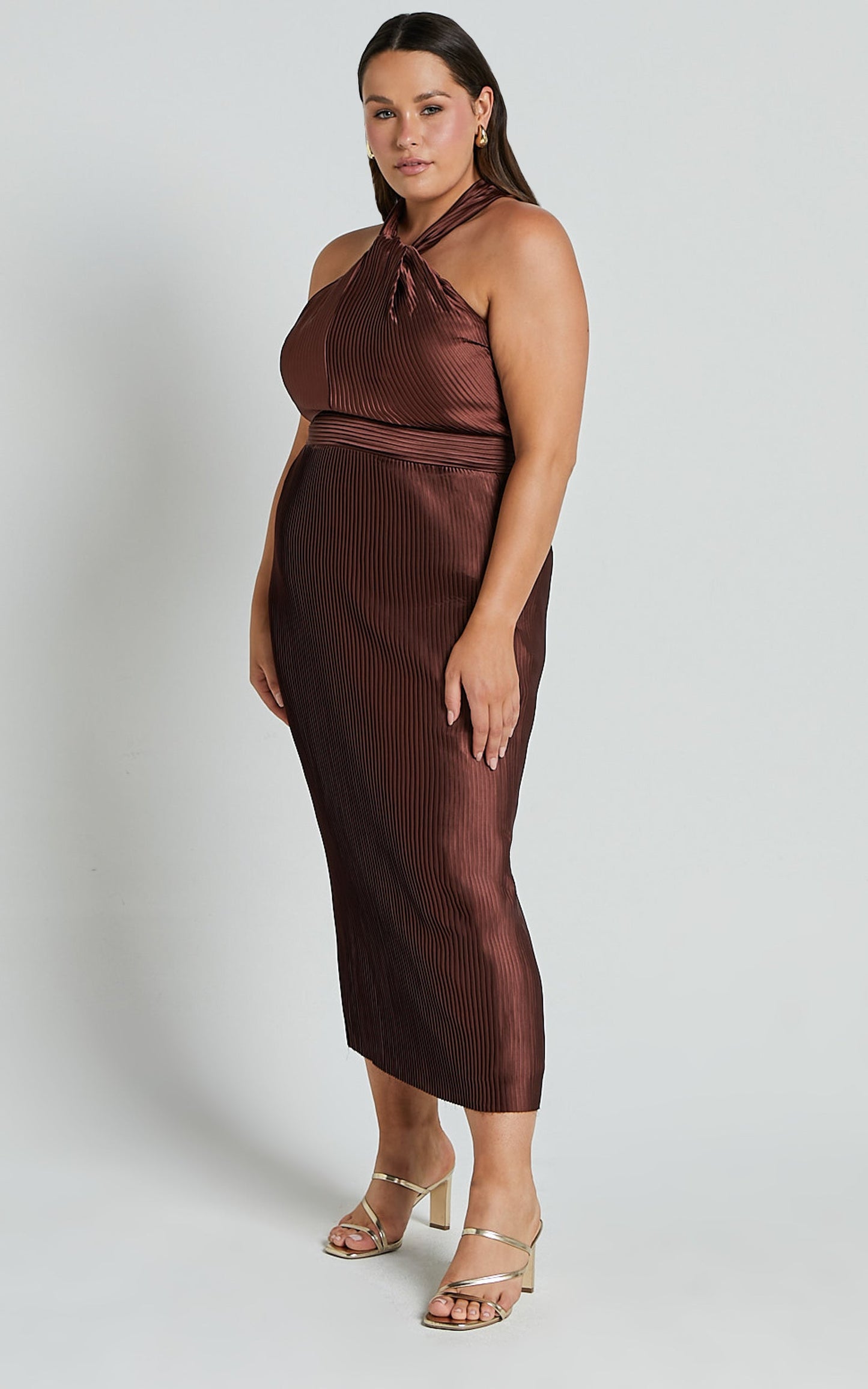 Marlette Midi Dress - Pleated Open Back Halter Dress in Chocolate