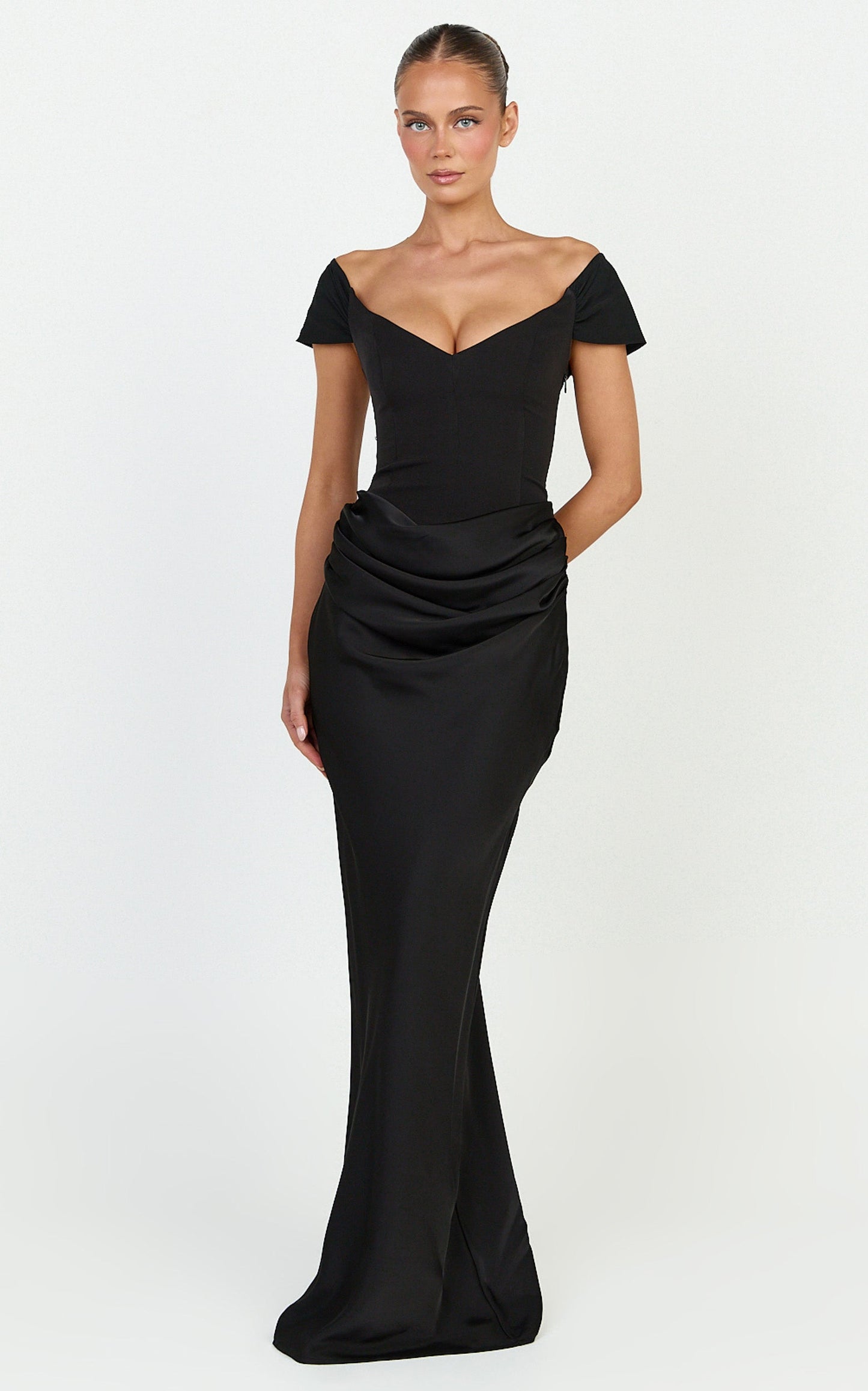 Kailani Maxi Dress - Off Shoulder Plunge Draped Skirt Dress in Black