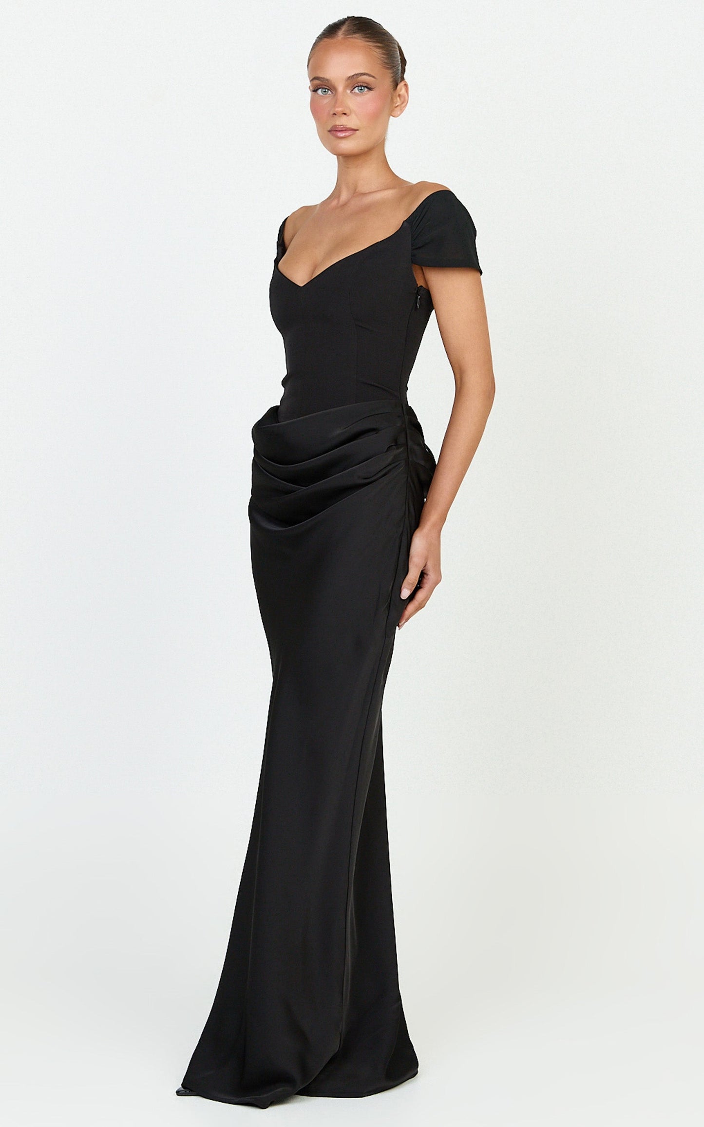 Kailani Maxi Dress - Off Shoulder Plunge Draped Skirt Dress in Black