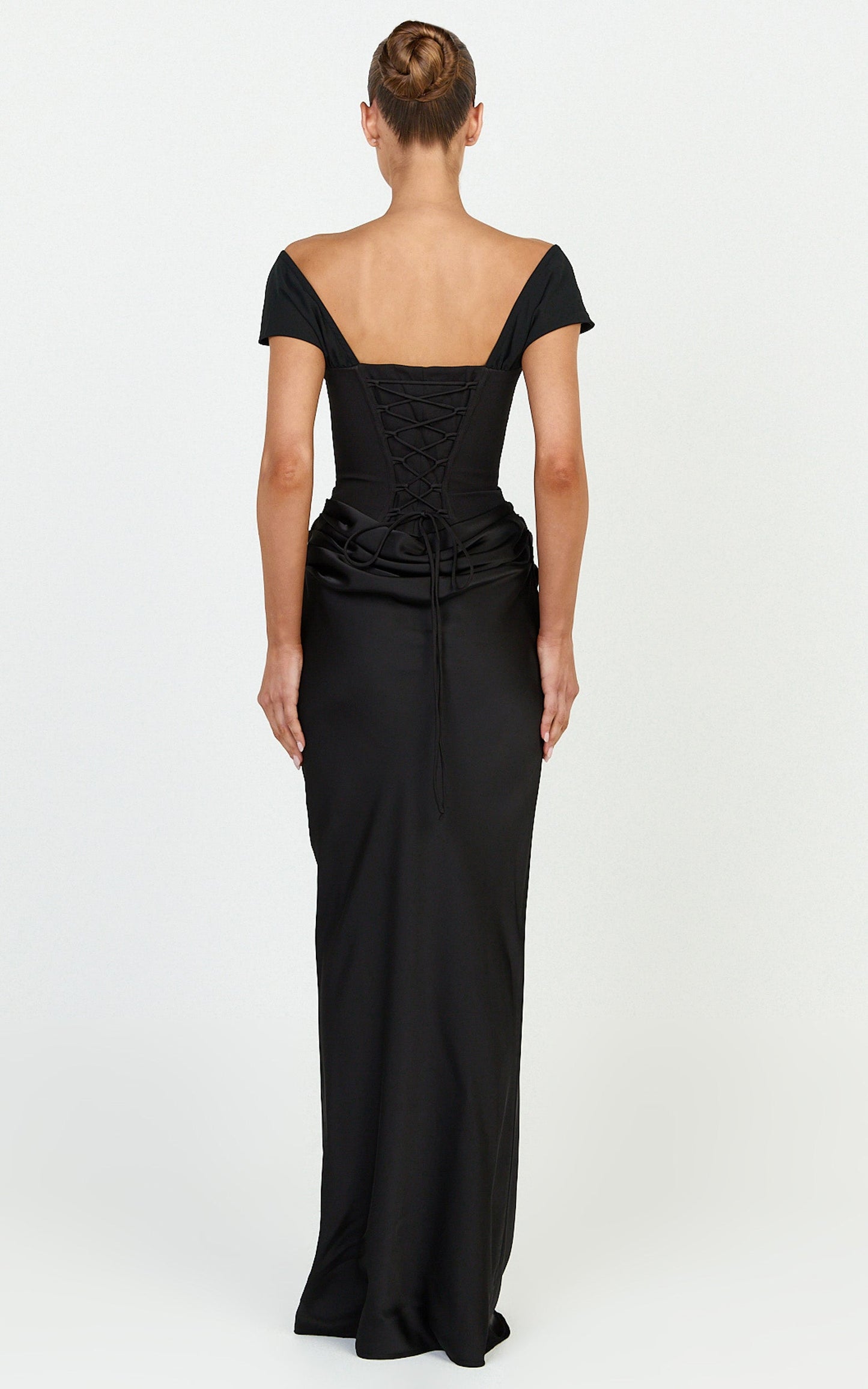 Kailani Maxi Dress - Off Shoulder Plunge Draped Skirt Dress in Black