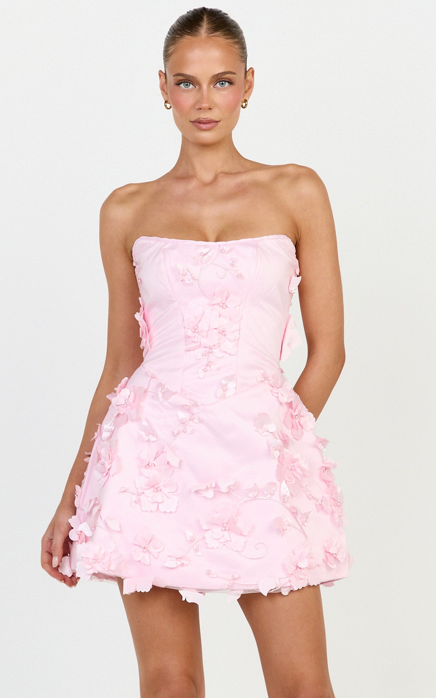 Delphine Mini Dress - Strapless Floral Embellished A Line Dress in Pink