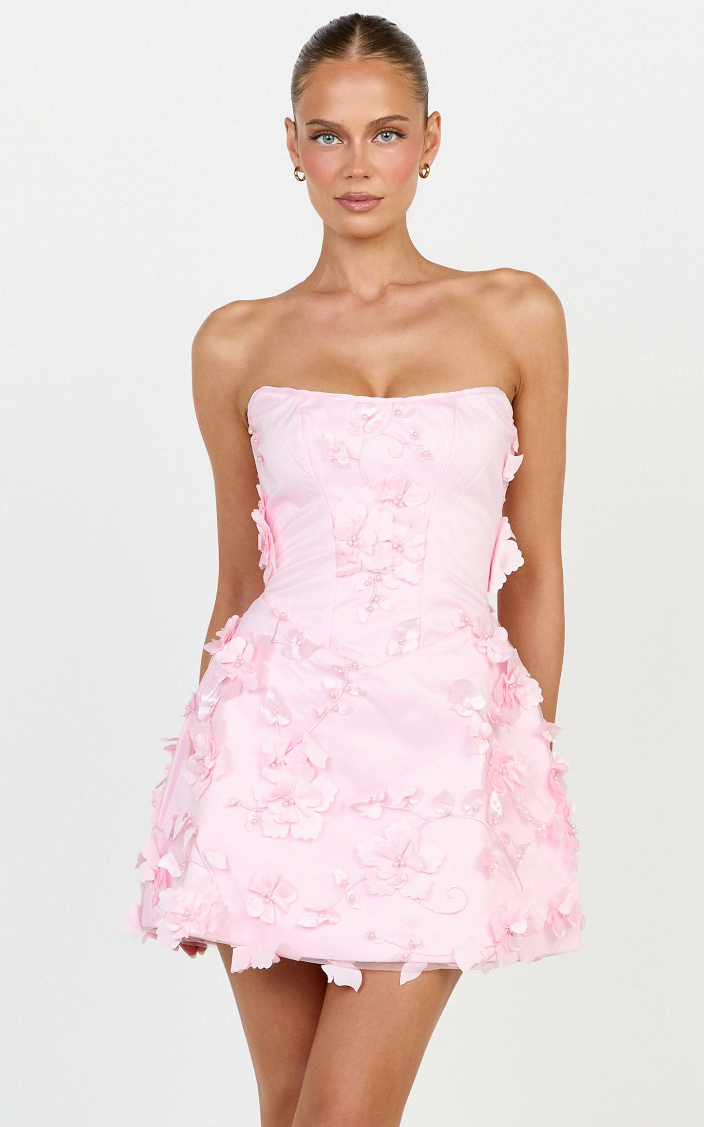 Delphine Mini Dress - Strapless Floral Embellished A Line Dress in Pink