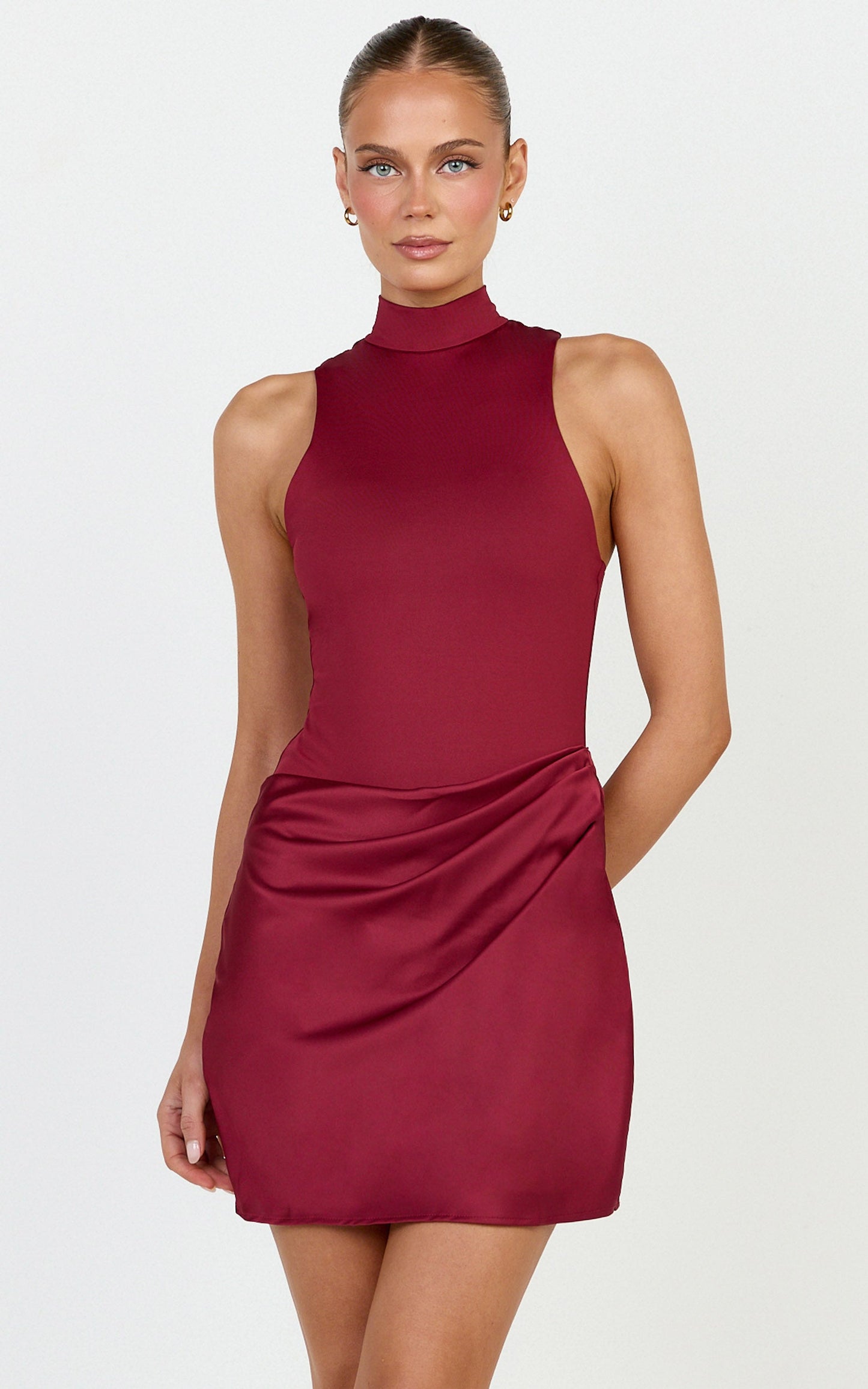 Elodie Mini Dress - Sleeveless Dress Overlay Skirt in Wine