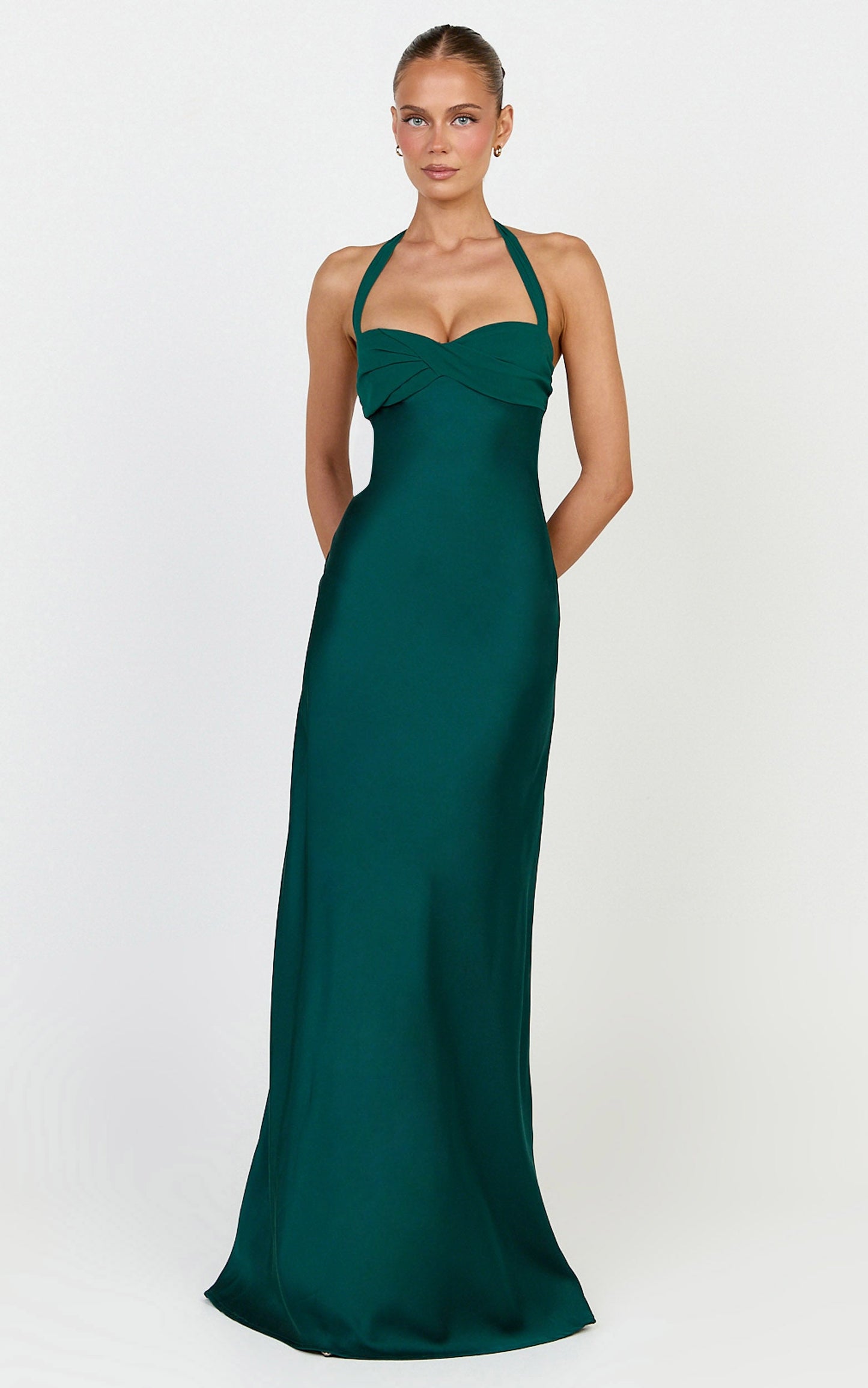 Flynn Maxi Dress - Satin Halter Sweetheart Neck Dress in Emerald