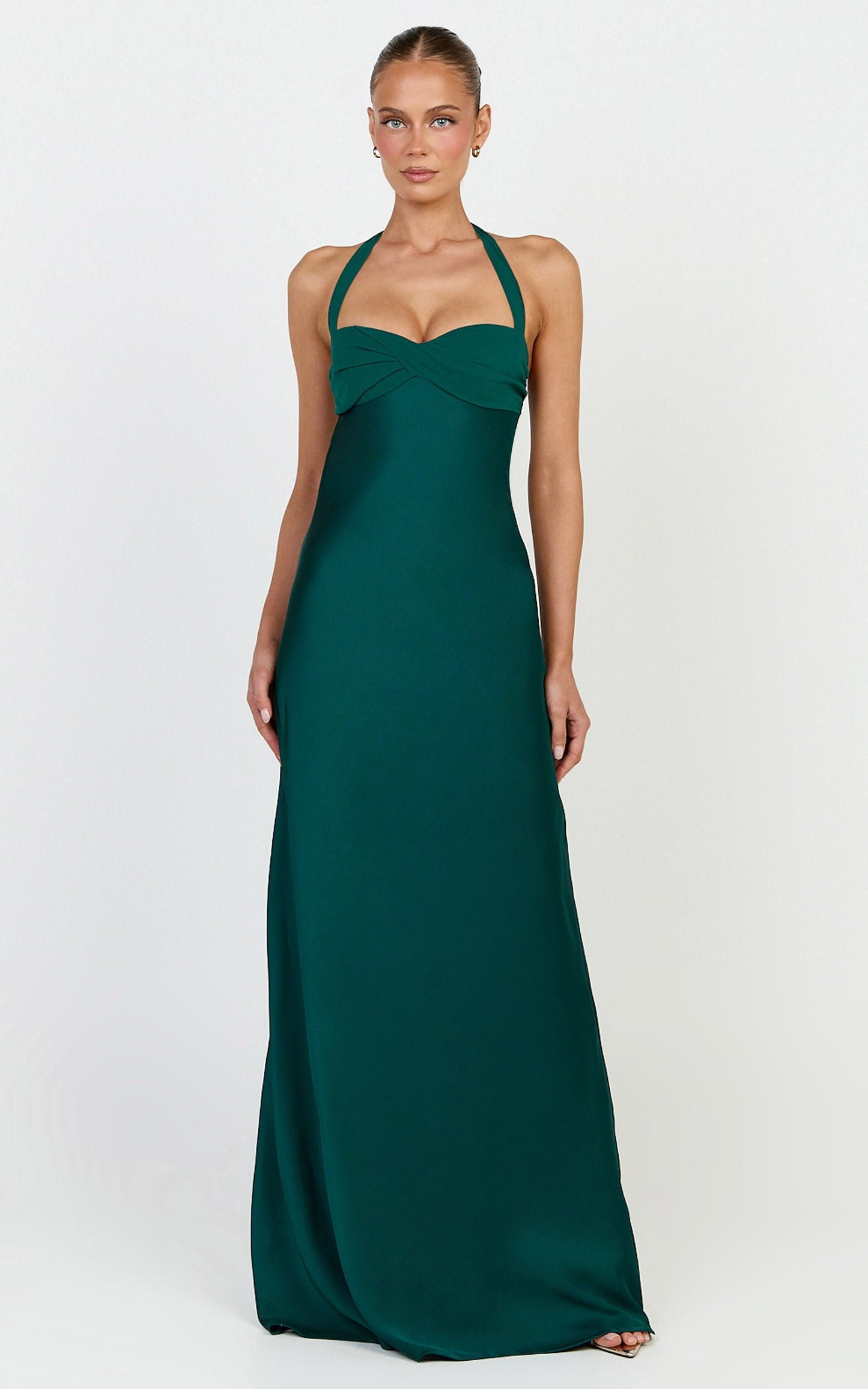 Flynn Maxi Dress - Satin Halter Sweetheart Neck Dress in Emerald