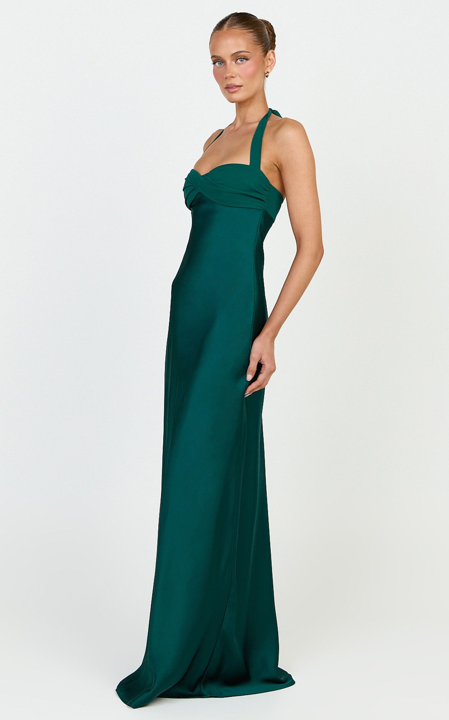 Flynn Maxi Dress - Satin Halter Sweetheart Neck Dress in Emerald