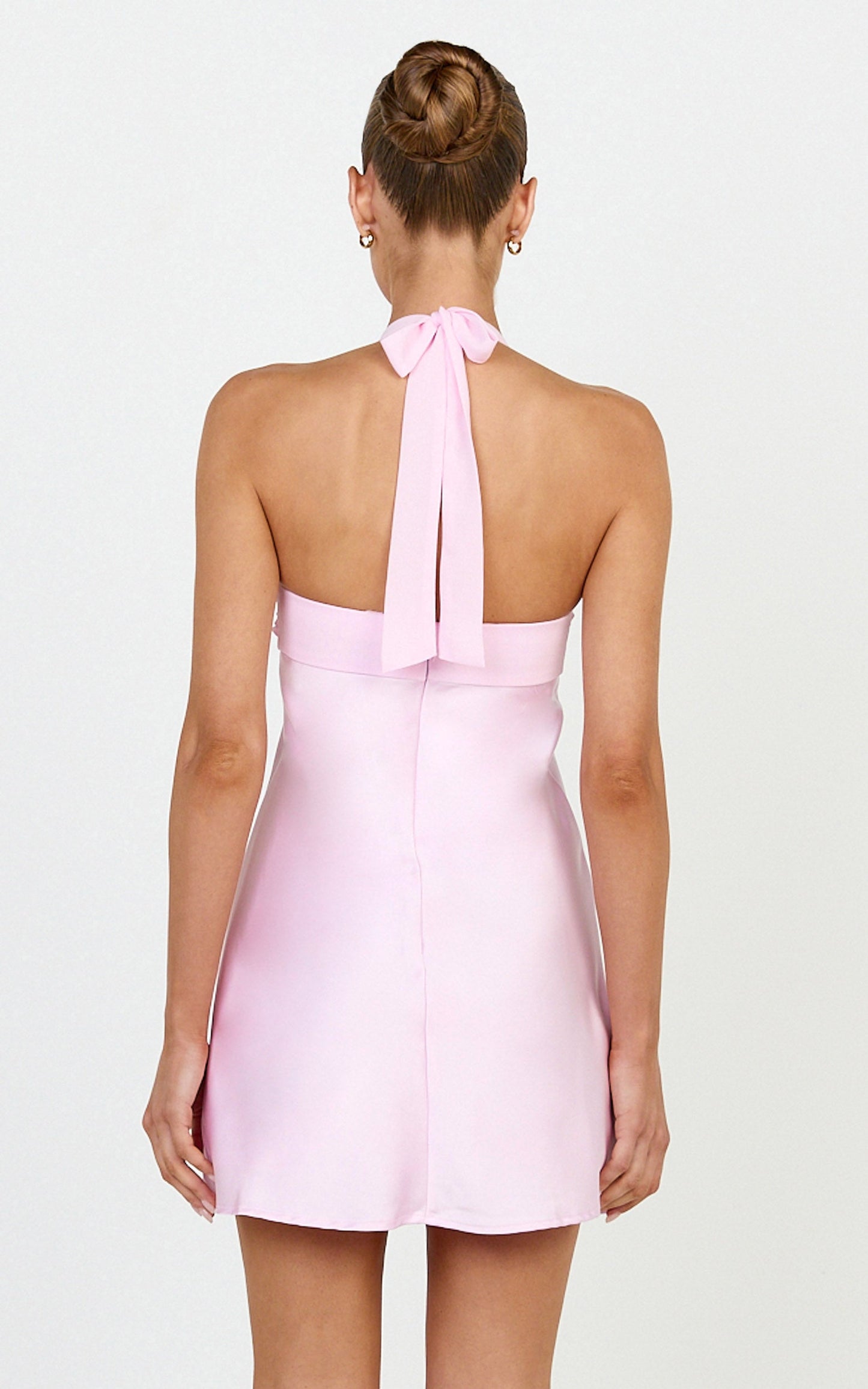 Flynn Mini Dress - Satin Halter Sweetheart Neck Dress in Pink