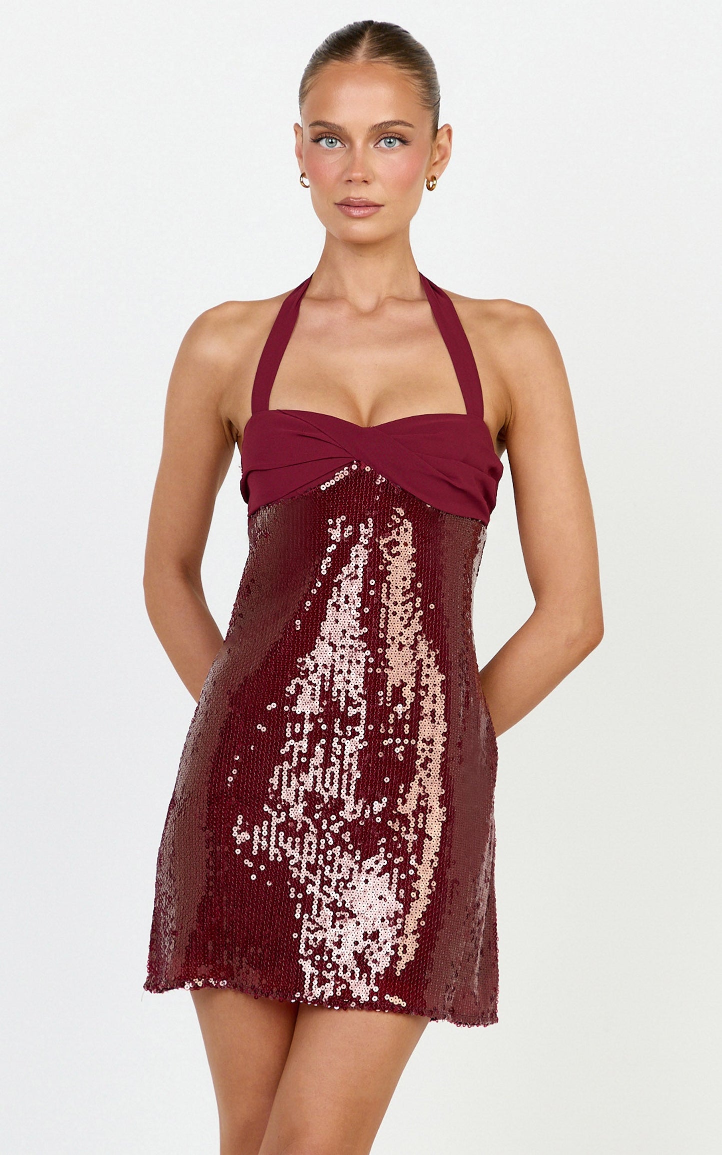 Grace Mini Dress - Twisted Bust A Line Sequin Dress in Wine
