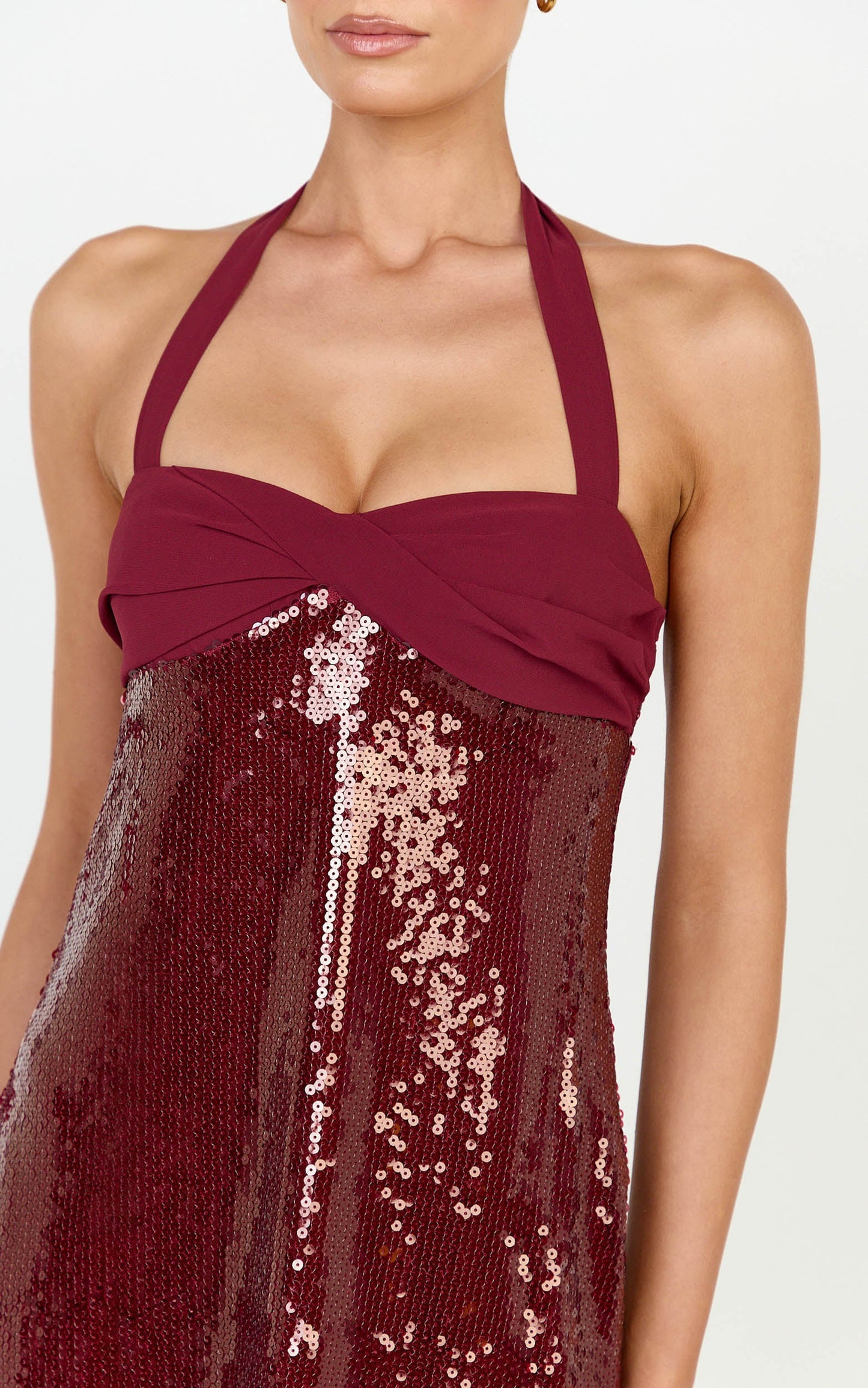 Grace Mini Dress - Twisted Bust A Line Sequin Dress in Wine