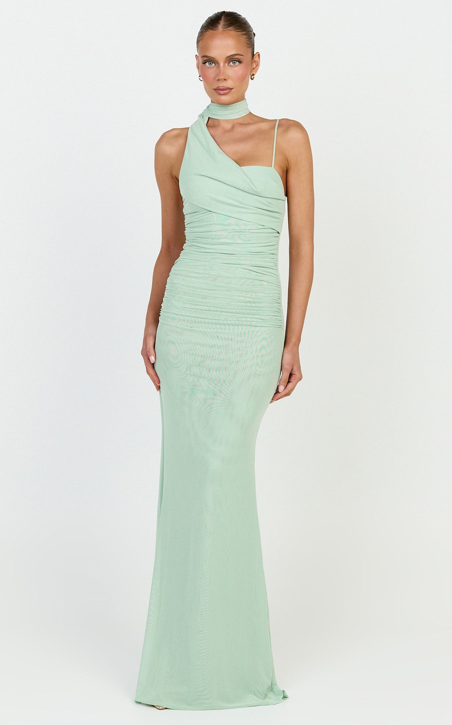 Larson Maxi Dress - Asymmetric Tie Neck Column Dress in Sage