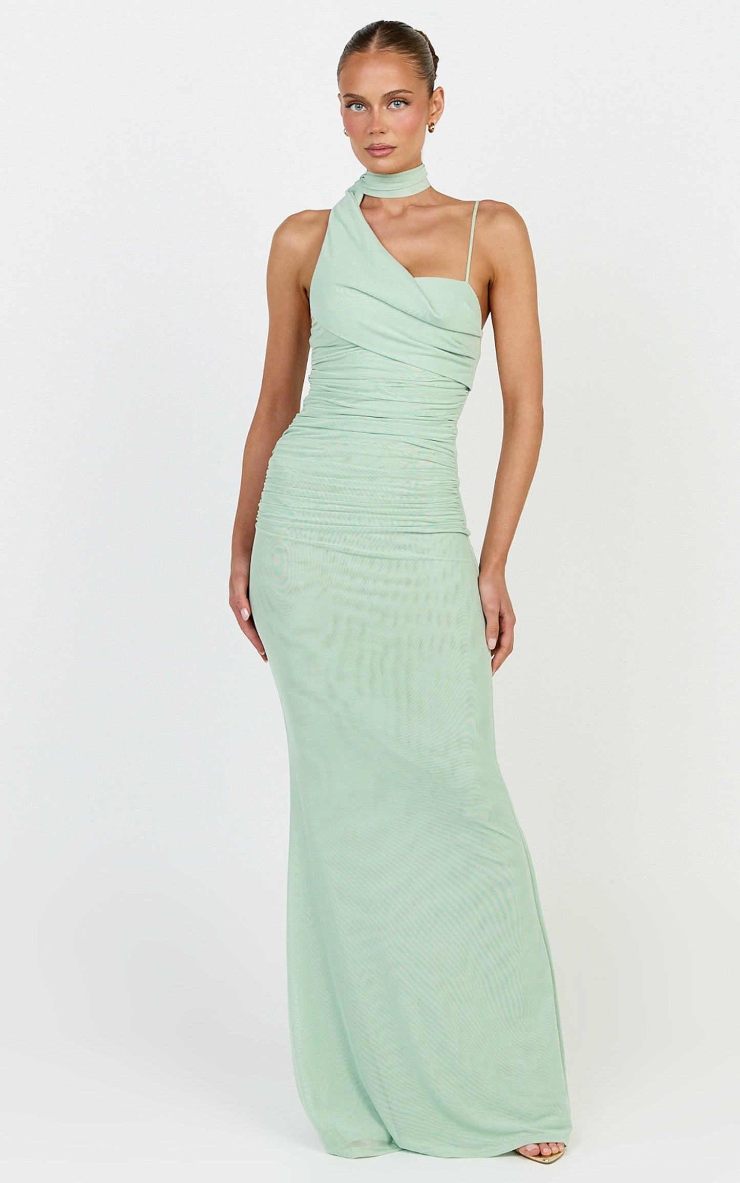 Larson Maxi Dress - Asymmetric Tie Neck Column Dress in Sage