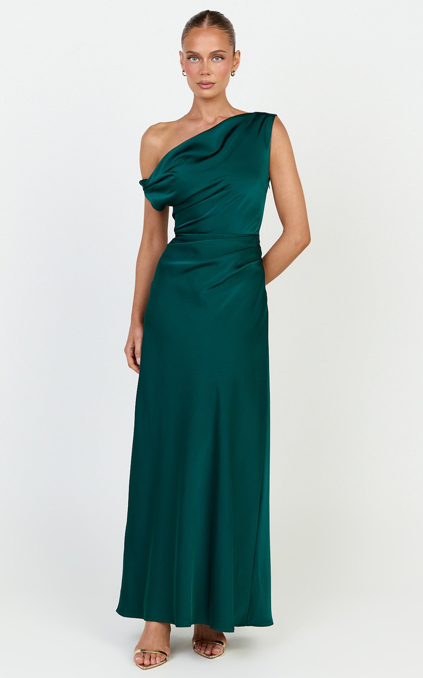Lira Maxi Dress - One Shoulder Satin Dress in Emerald